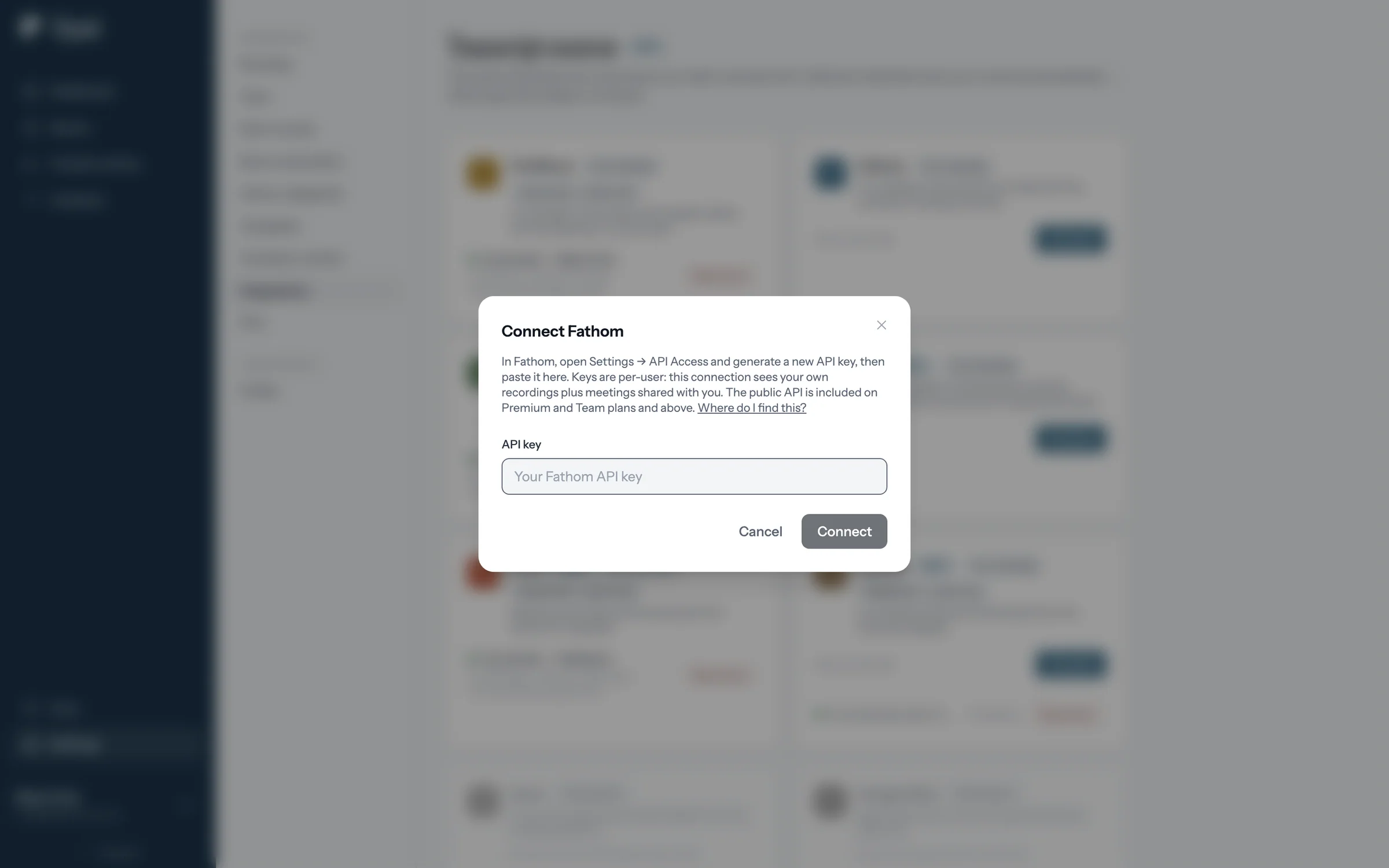 The Connect Fathom window with instructions and a link to find the API key