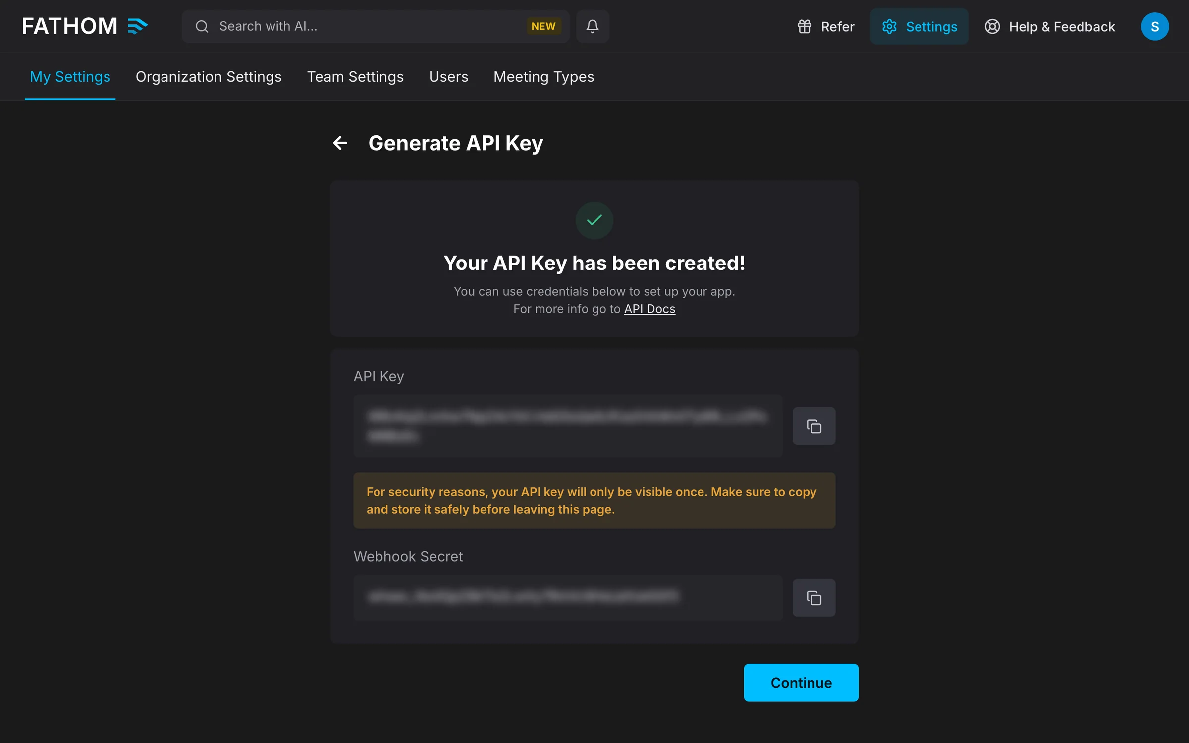 Fathom API Access settings with a new key, masked, and its copy button