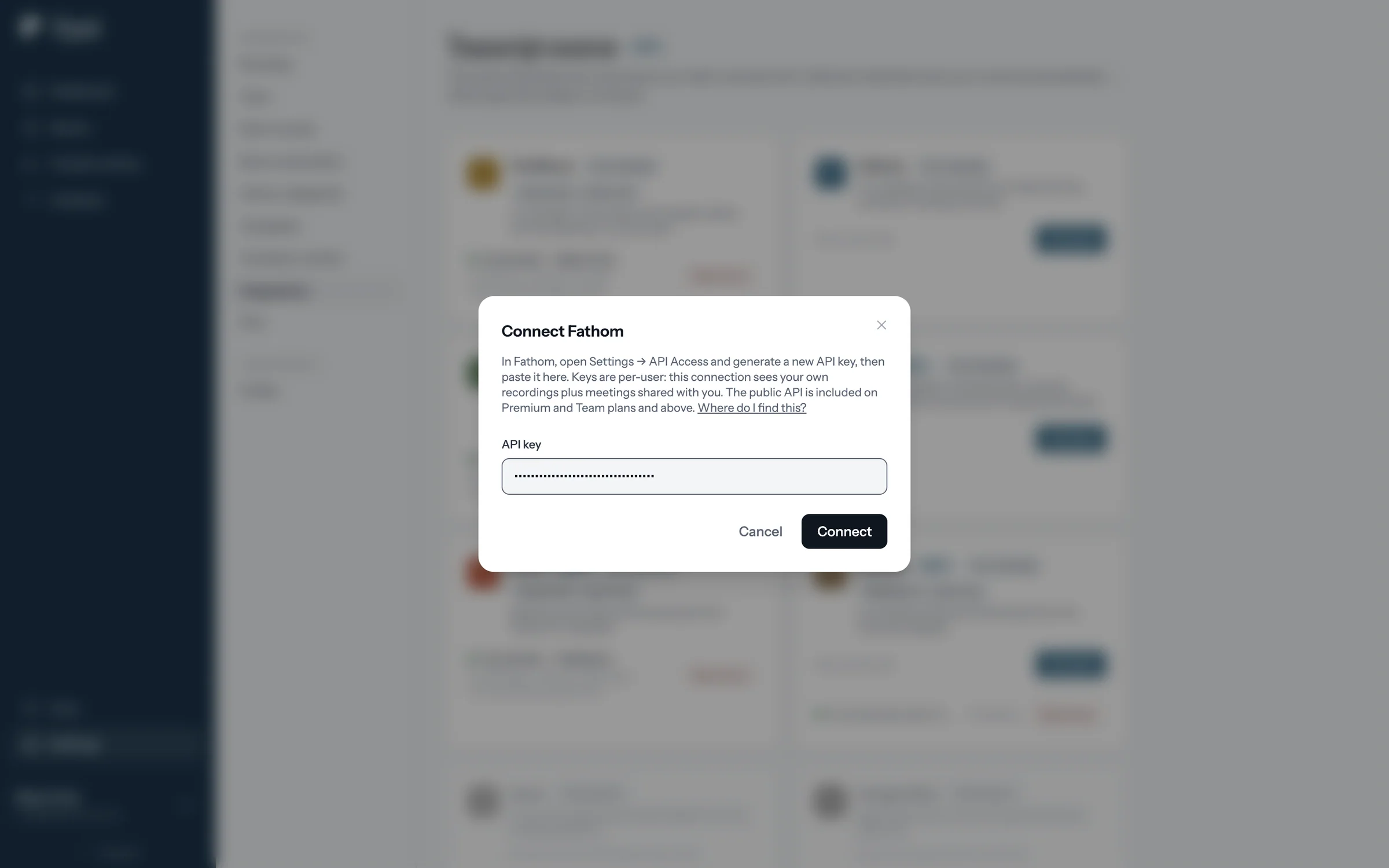 The Connect Fathom window with the API key pasted