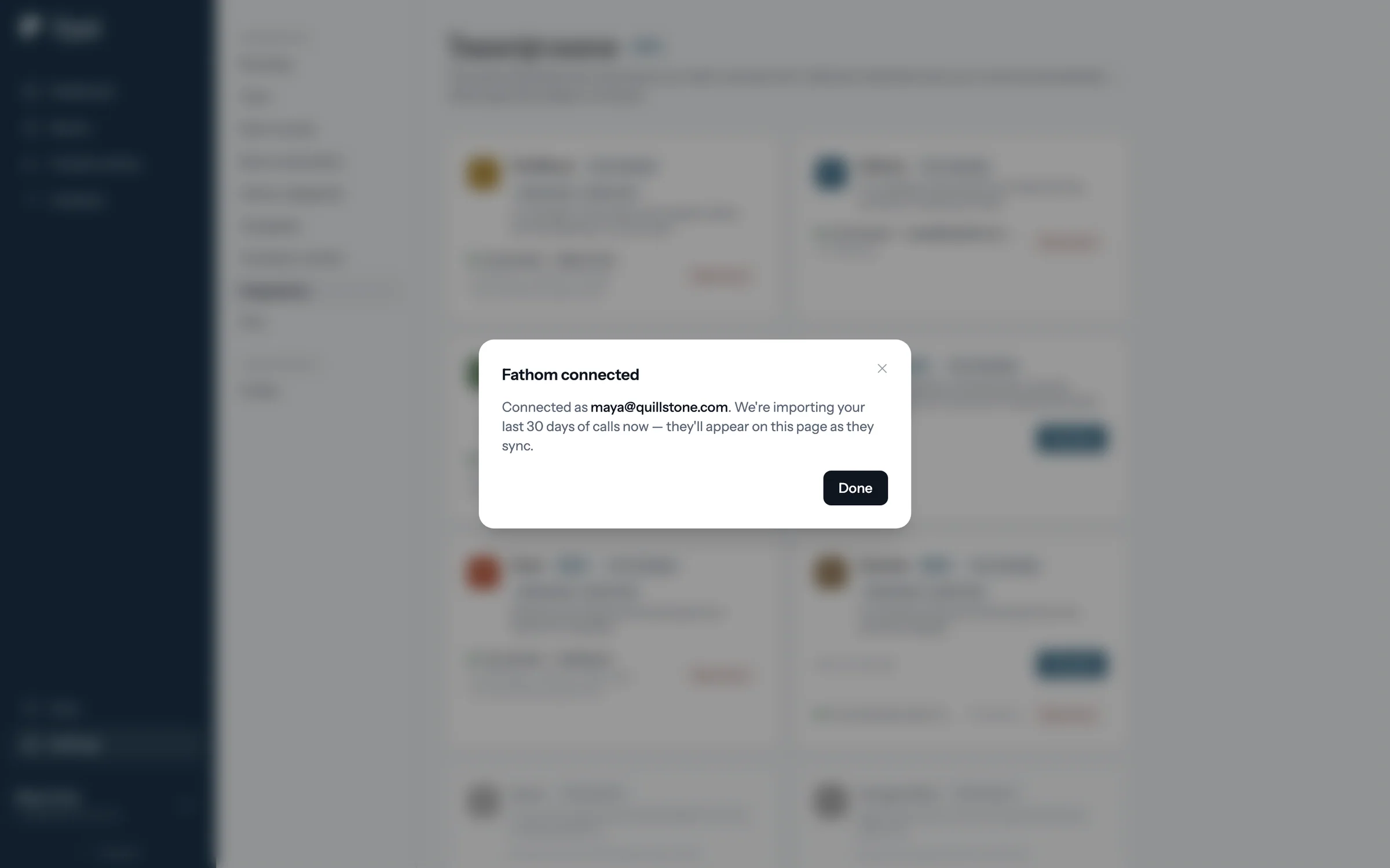Fathom connected: importing the last 30 days of calls