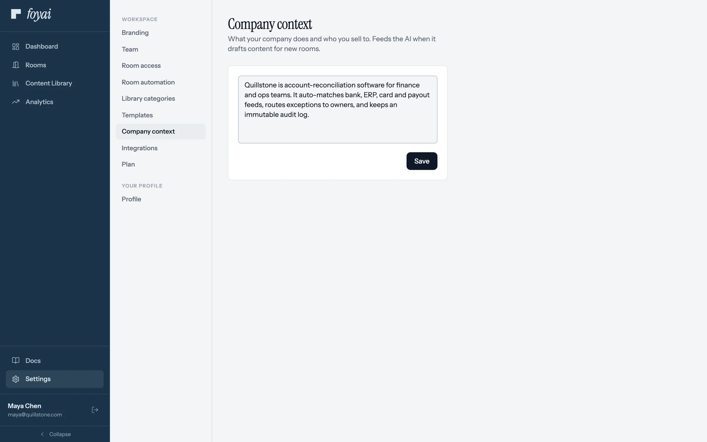Settings, Company context, with a short description of Quillstone