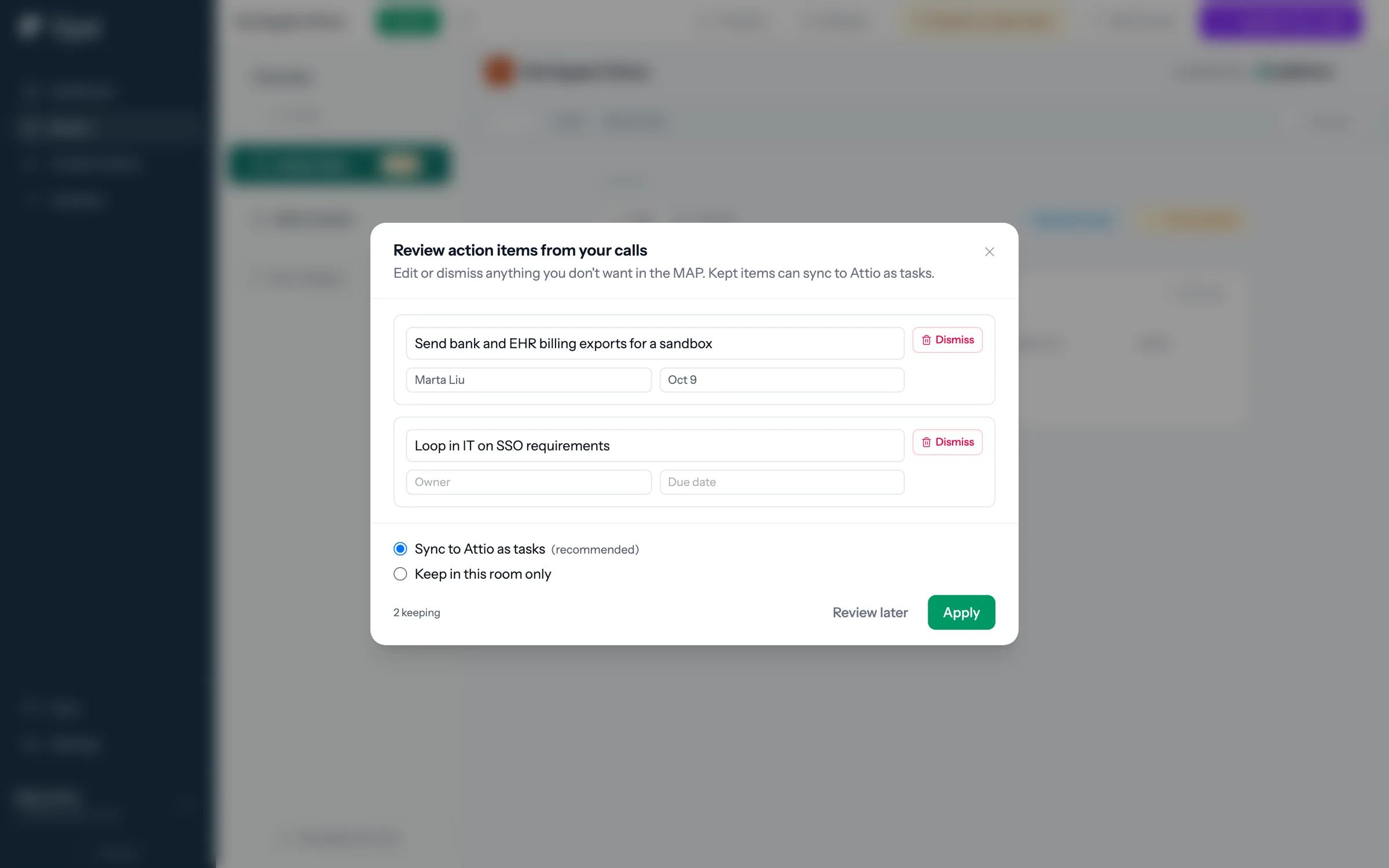 Review action items from your calls, with two items and Sync to Attio as tasks selected