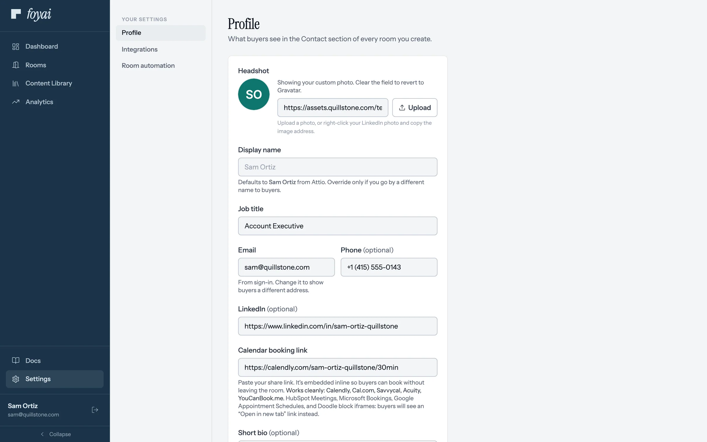 Profile's Phone and LinkedIn fields, filled in for Sam Ortiz.