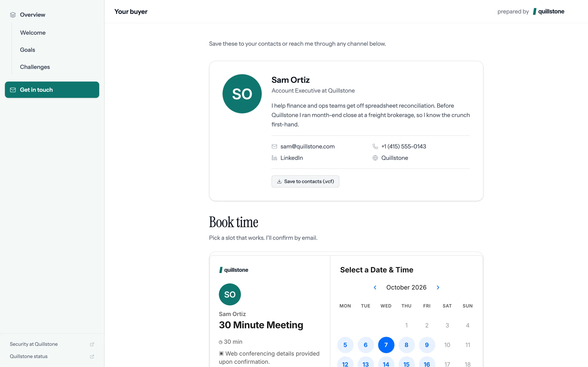 The Contact section as a buyer sees it: Sam Ortiz's photo, title, bio, email, phone, and LinkedIn, with a Save to contacts button.