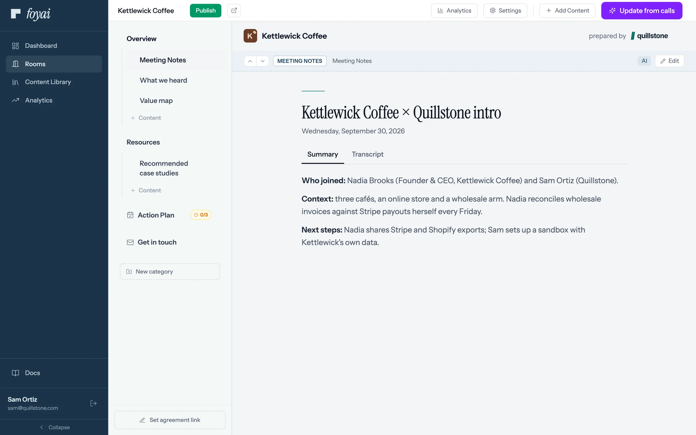 The Kettlewick Coffee draft in the room editor, with the Publish button