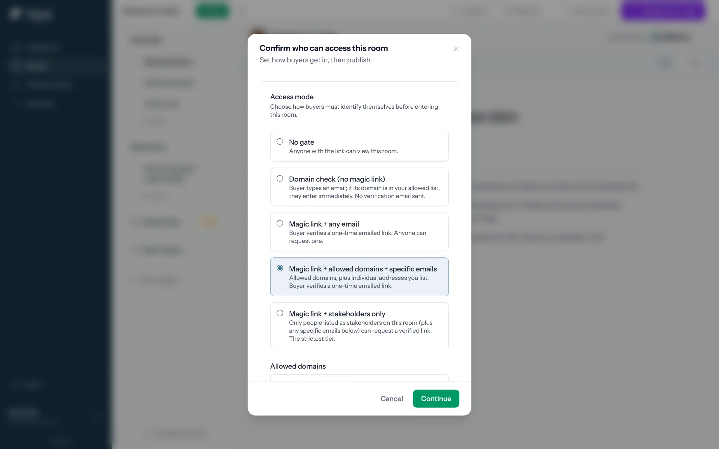 Confirm who can access this room, with five access modes and Magic link plus allowed domains selected