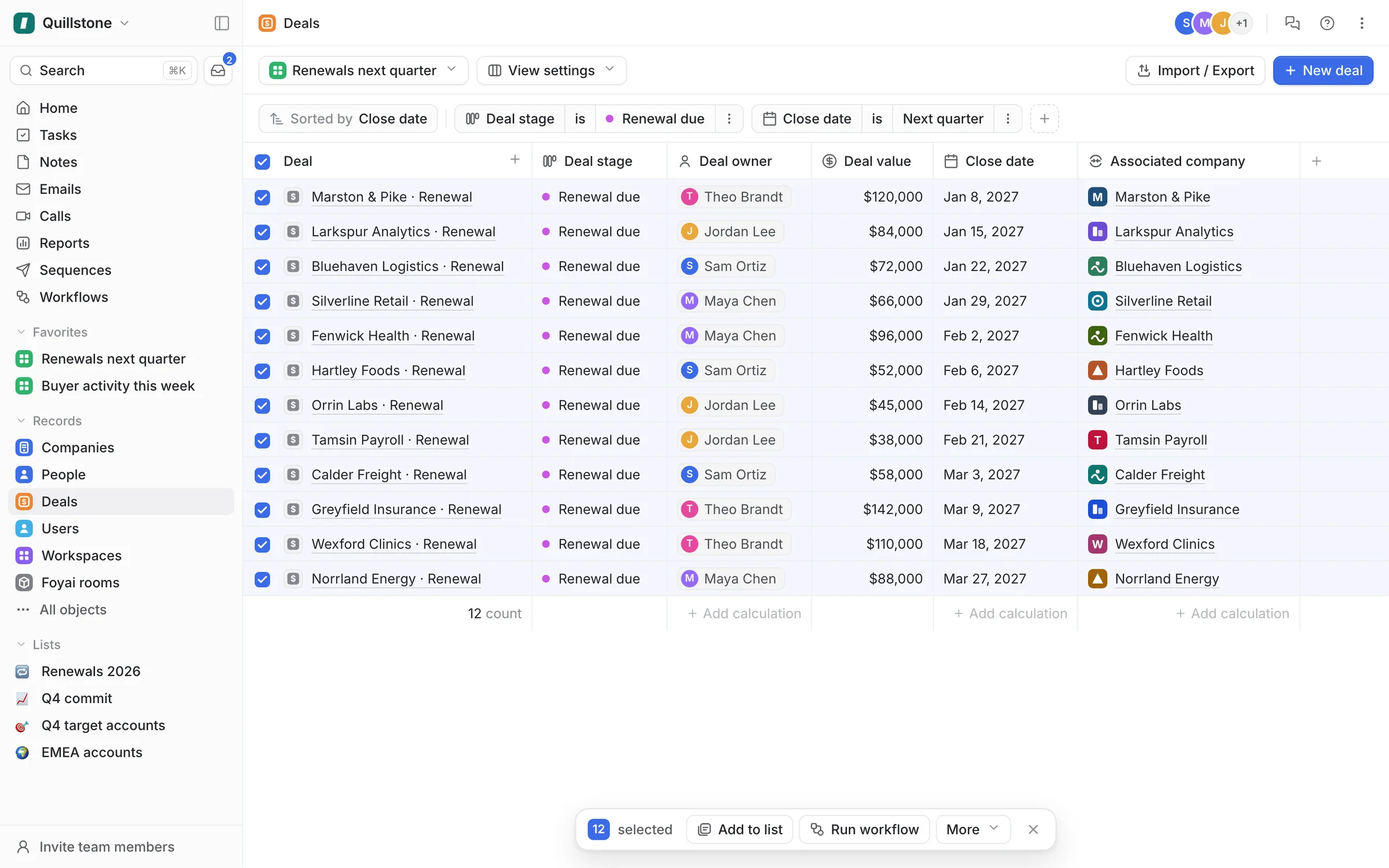 All 12 renewal deals selected in Attio, with the bulk action bar showing 12 selected