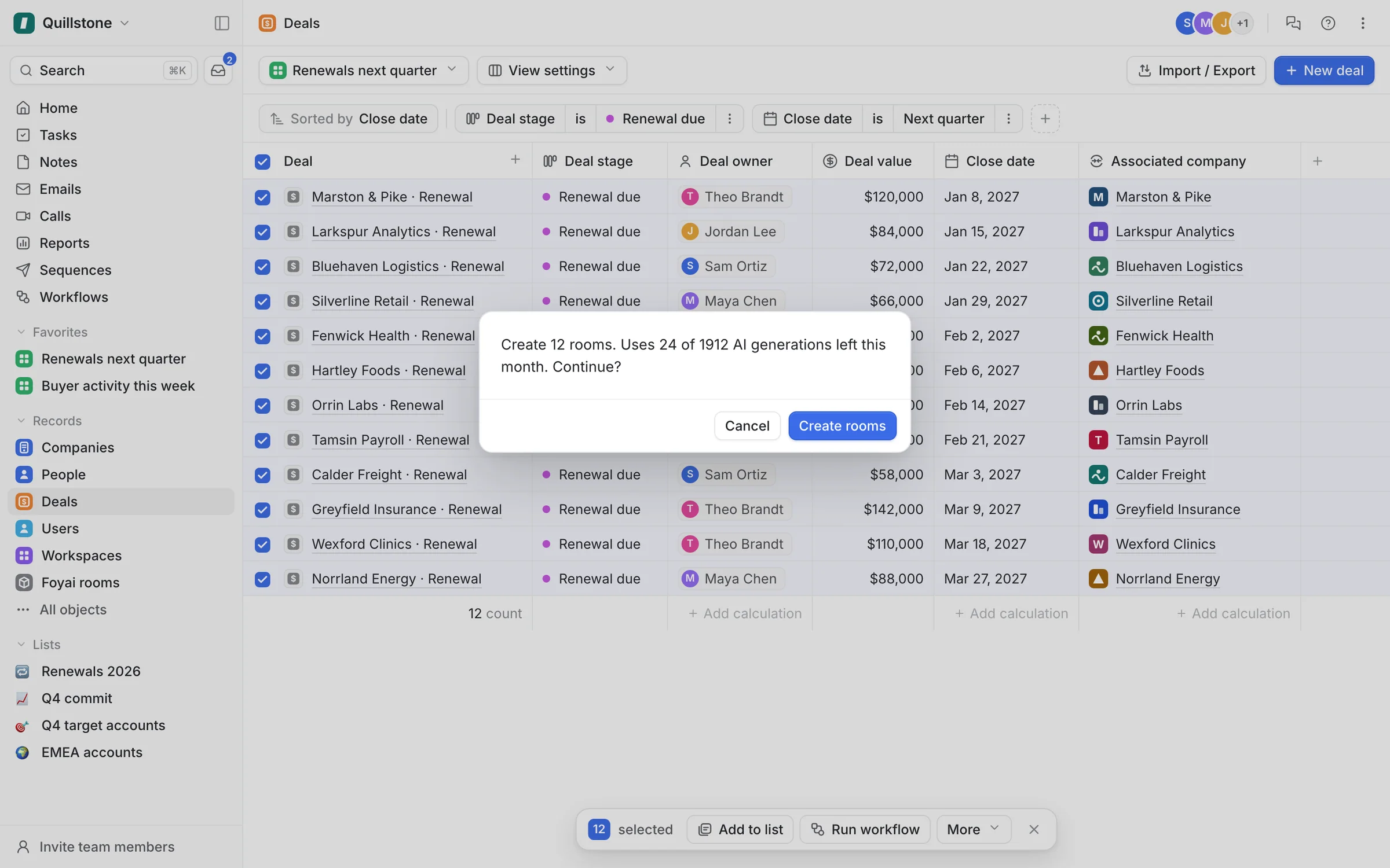 Attio confirm dialog reading: Create 12 rooms. Uses 24 of 1912 AI generations left this month. Continue?