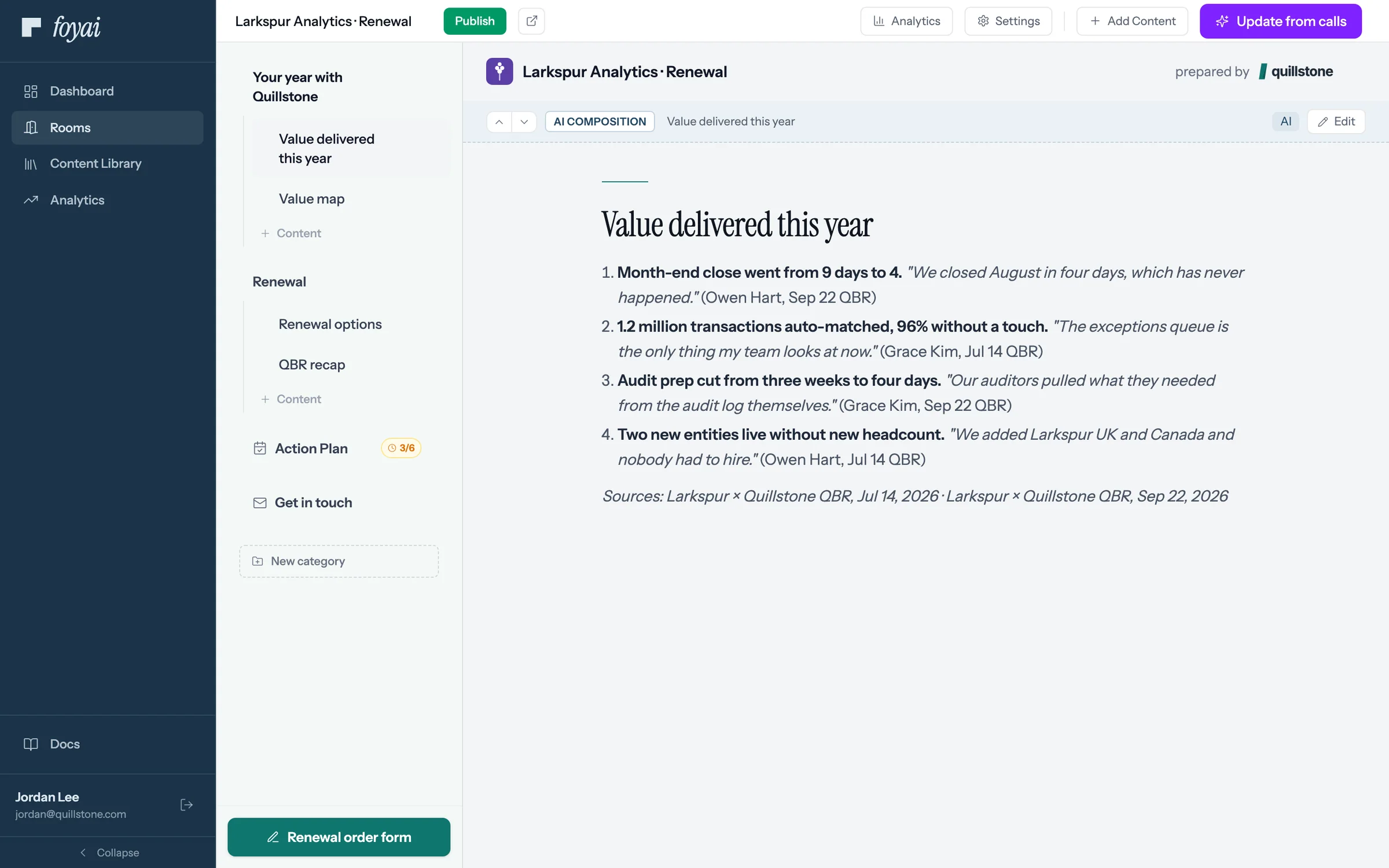 Larkspur Analytics renewal draft: Value delivered this year, with four results quoting QBR calls