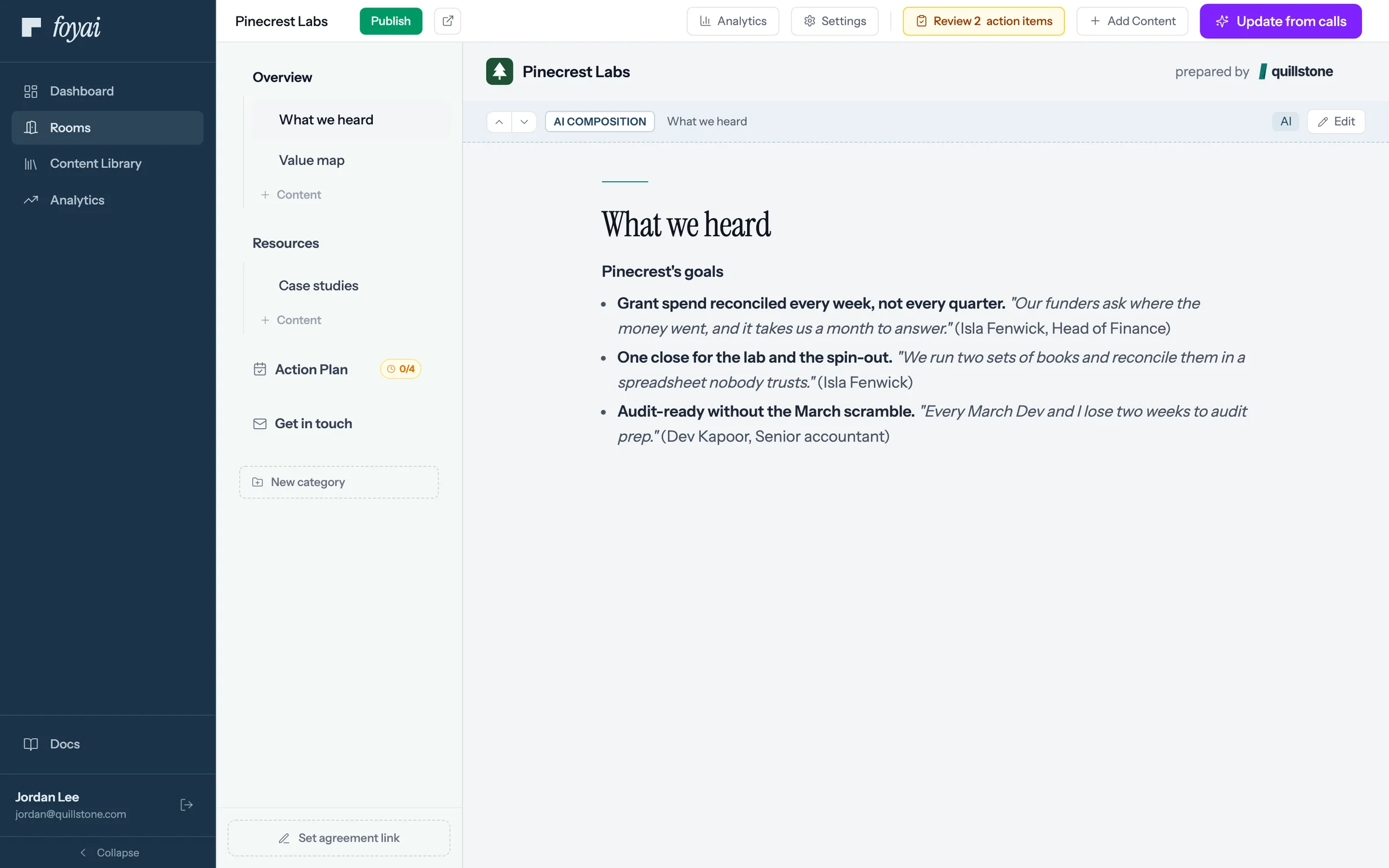 The Pinecrest Labs draft open on What we heard, with a Review 2 action items button