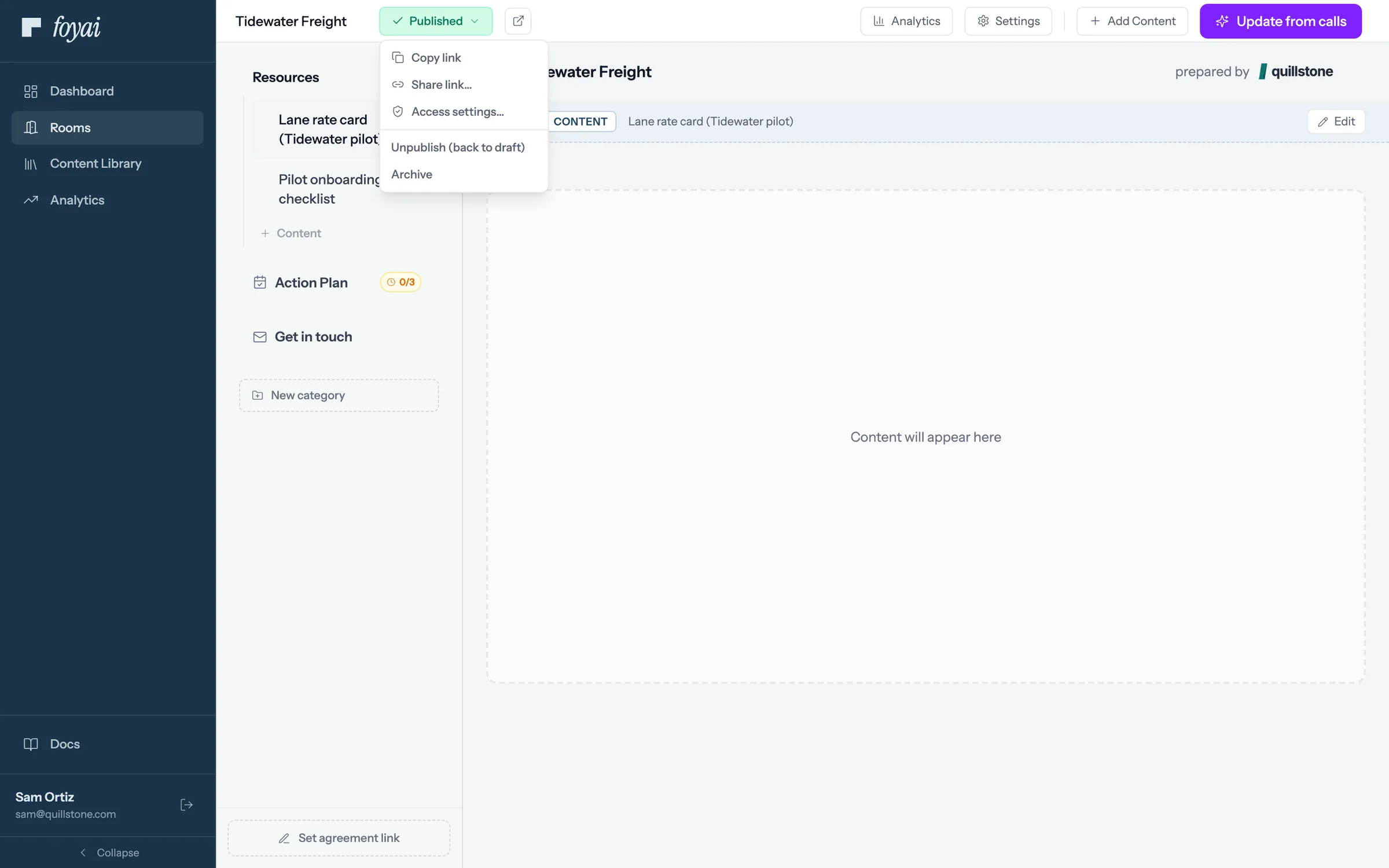 The Published menu open on the Tidewater Freight room, listing Copy link, Share link, Access settings, Unpublish (back to draft), and Archive.