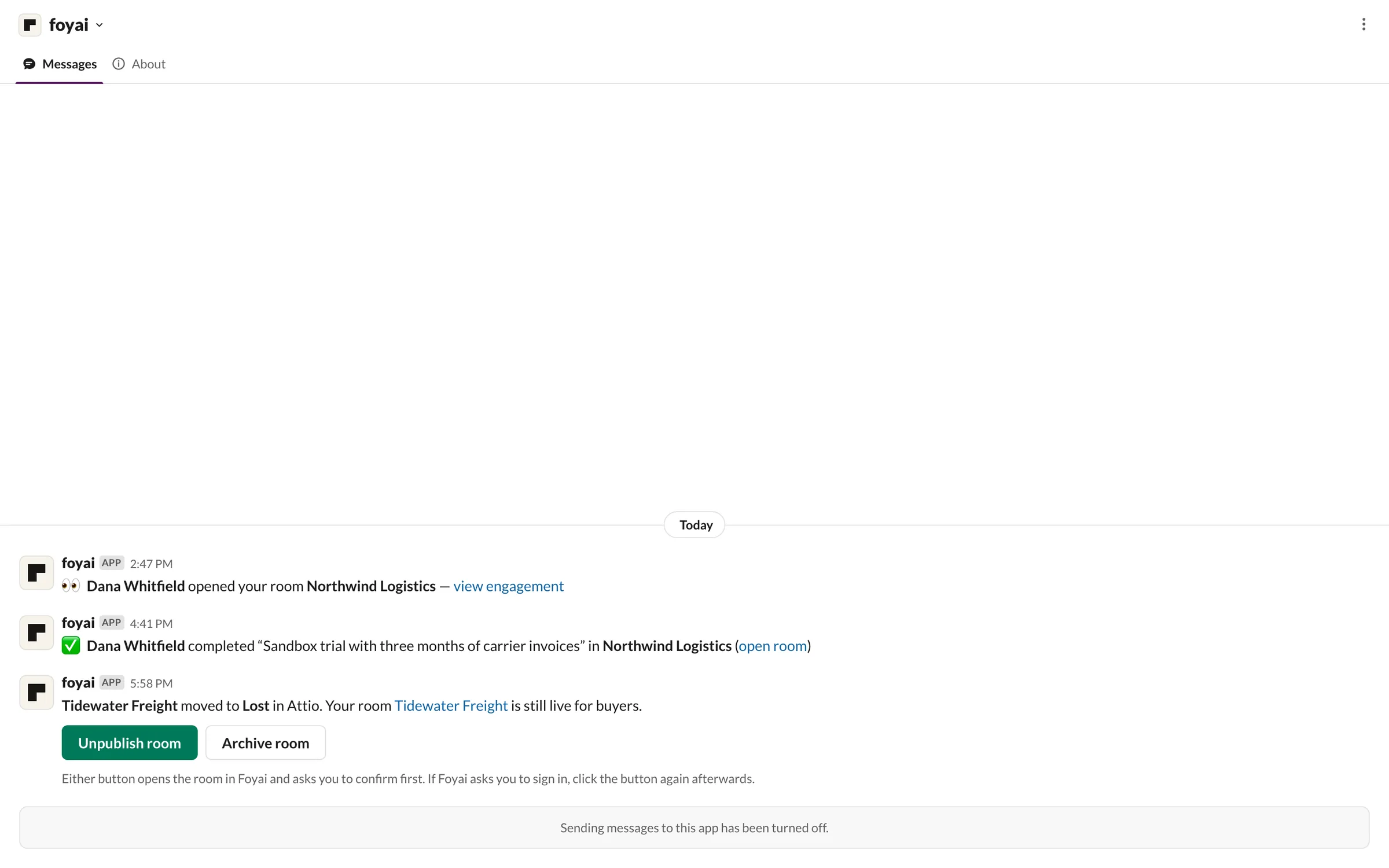 A Slack DM: Tidewater Freight moved to Lost in Attio, your room is still live for buyers, with Unpublish room and Archive room buttons.