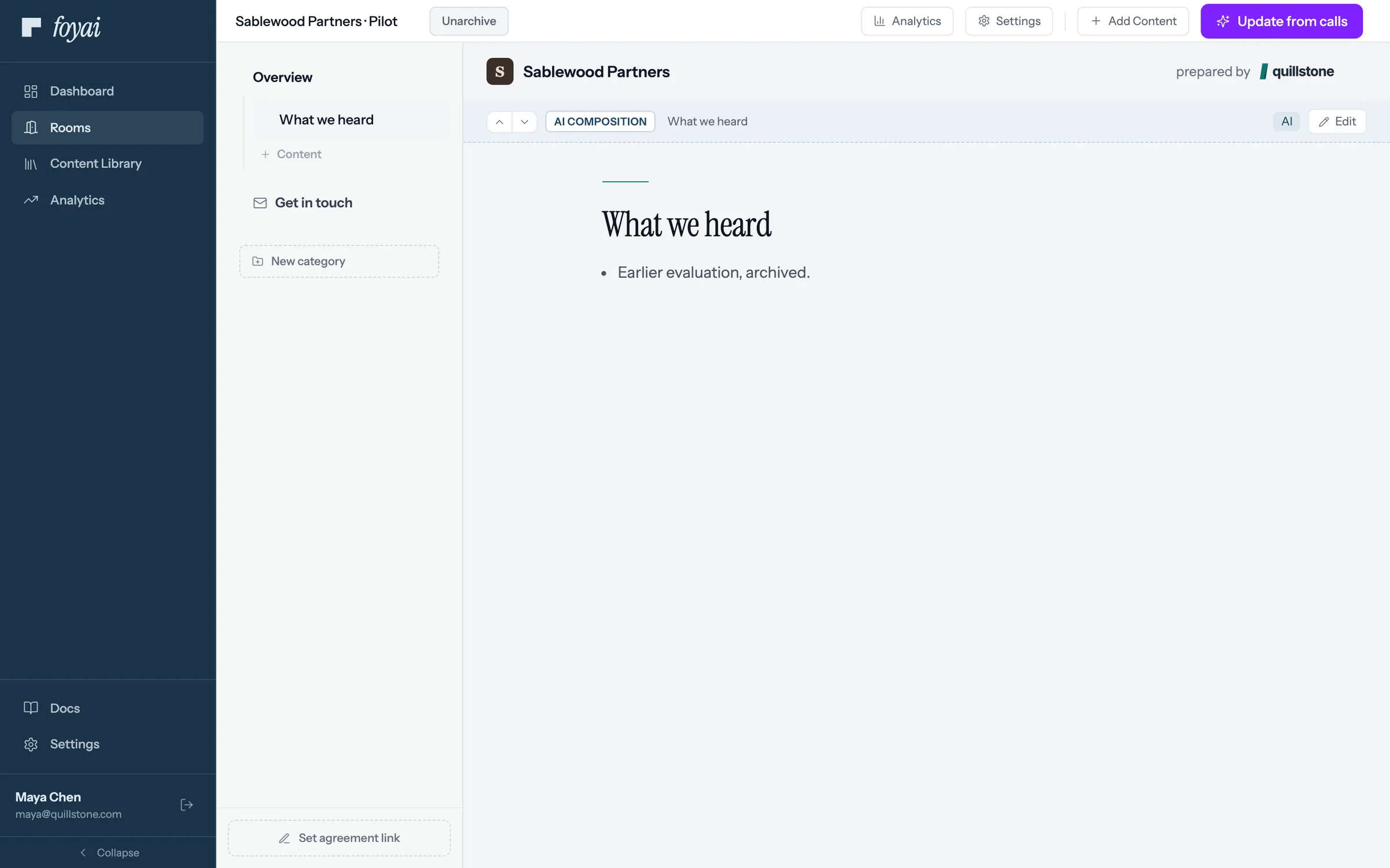 The Sablewood Partners · Pilot room, archived, with a single Unarchive button in its header.