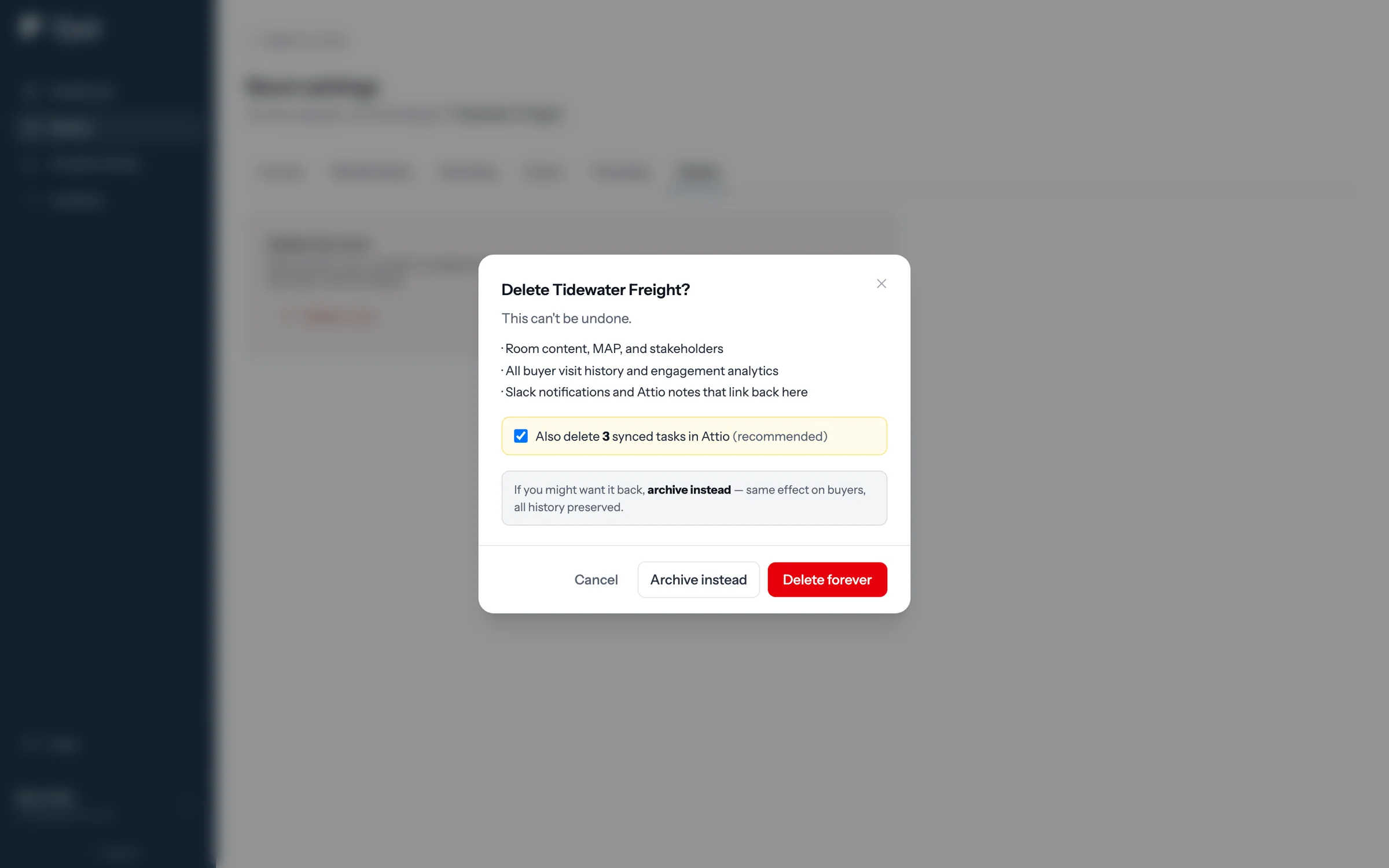 The Delete Tidewater Freight dialog, with the Also delete 3 synced tasks in Attio (recommended) checkbox ticked, and an Archive instead button.