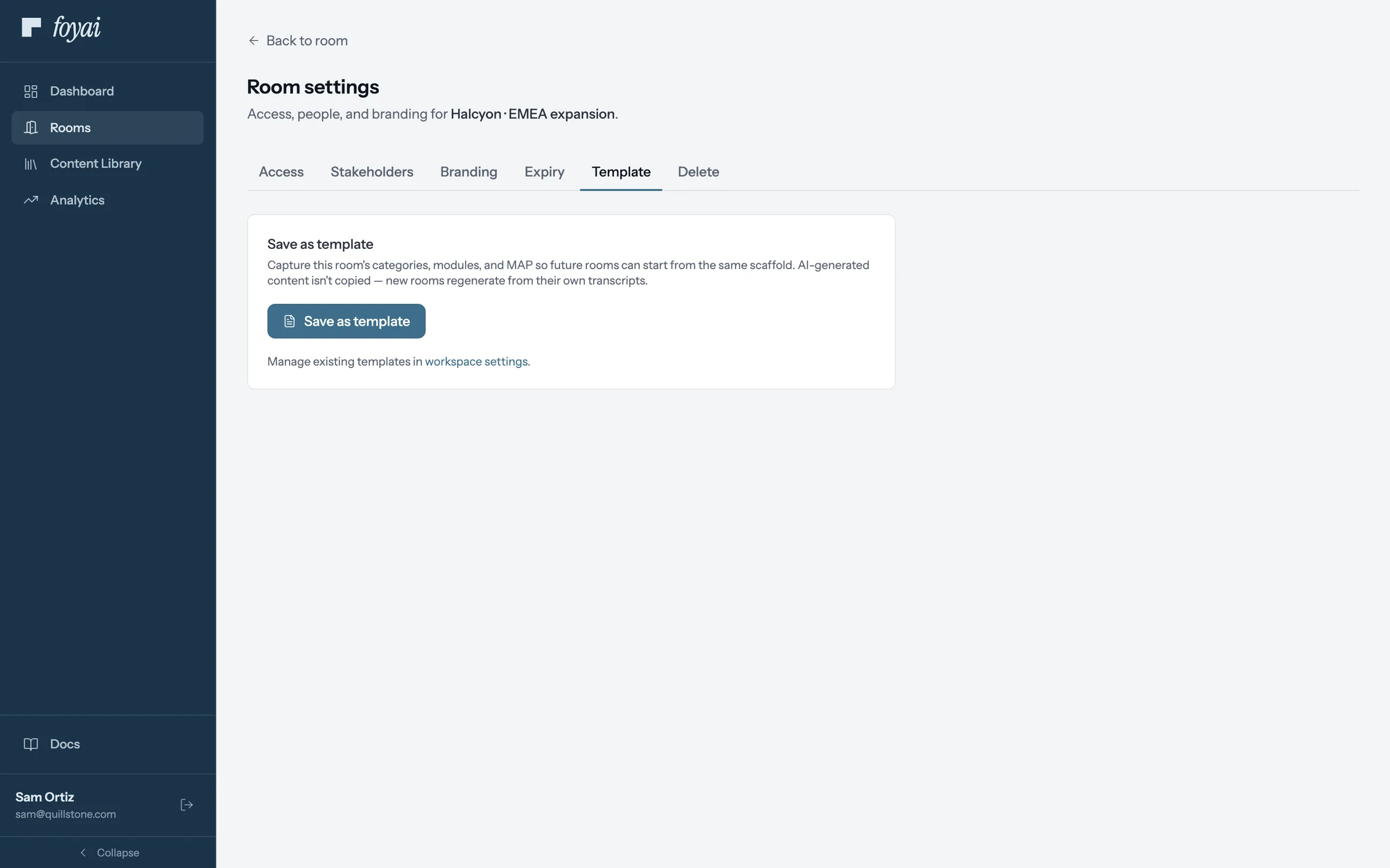 Room settings for Halcyon, on the Template tab, with a Save as template button