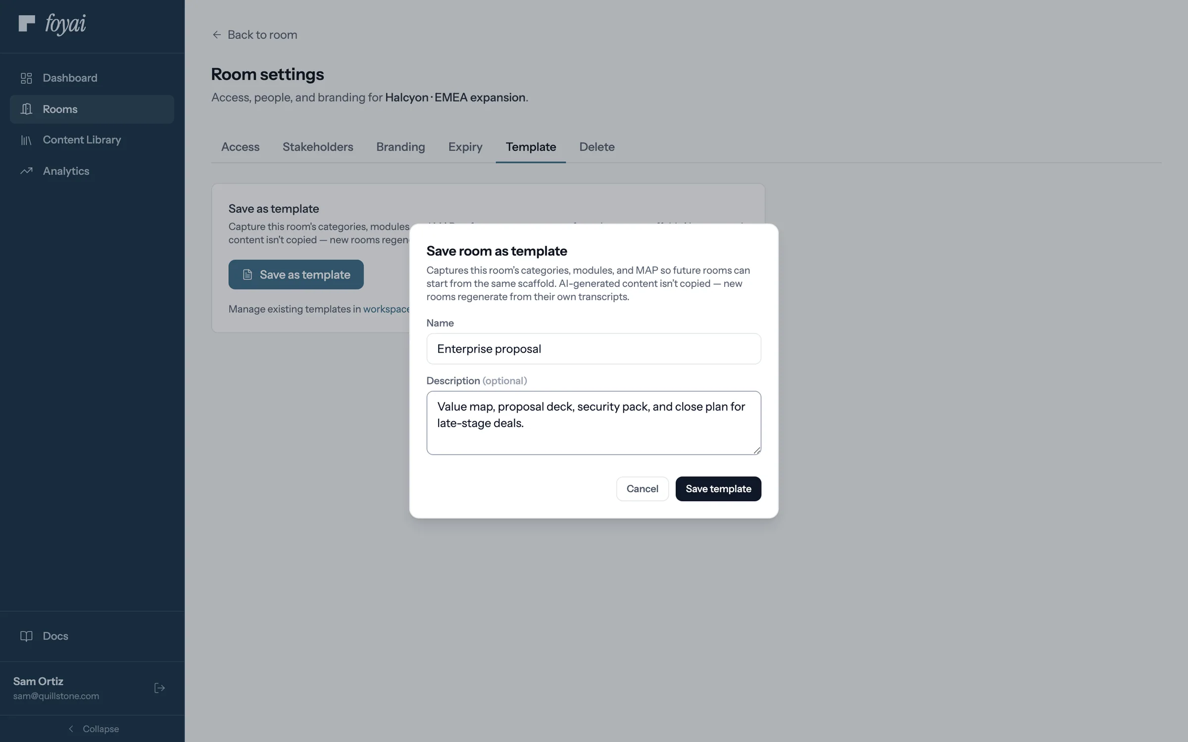 Save room as template, named Enterprise proposal, with a short description