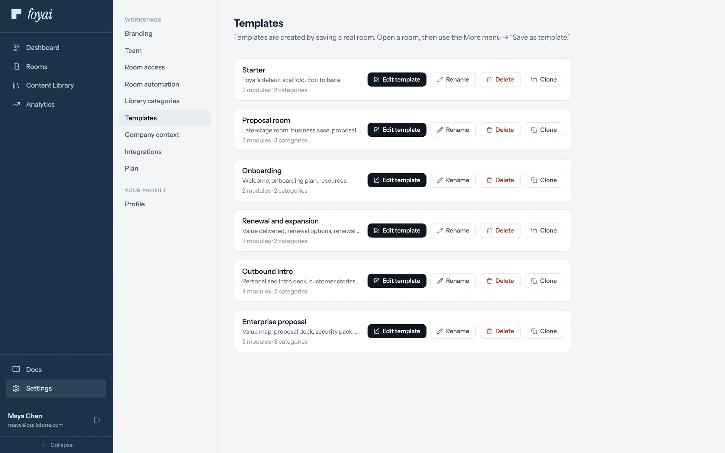 Settings, Templates, with Enterprise proposal at the bottom of the list