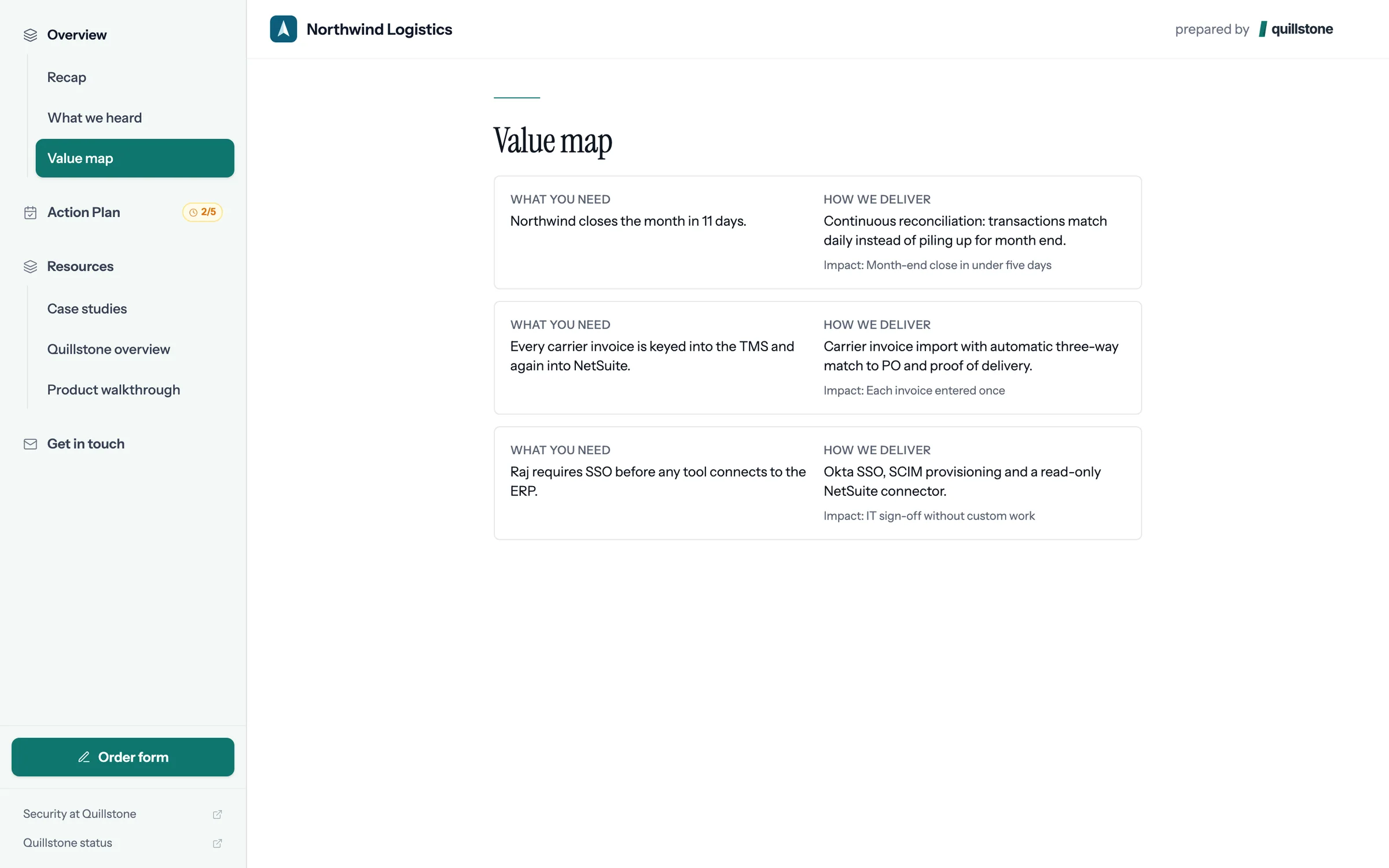 Value map pairing each Northwind need with how Quillstone delivers it