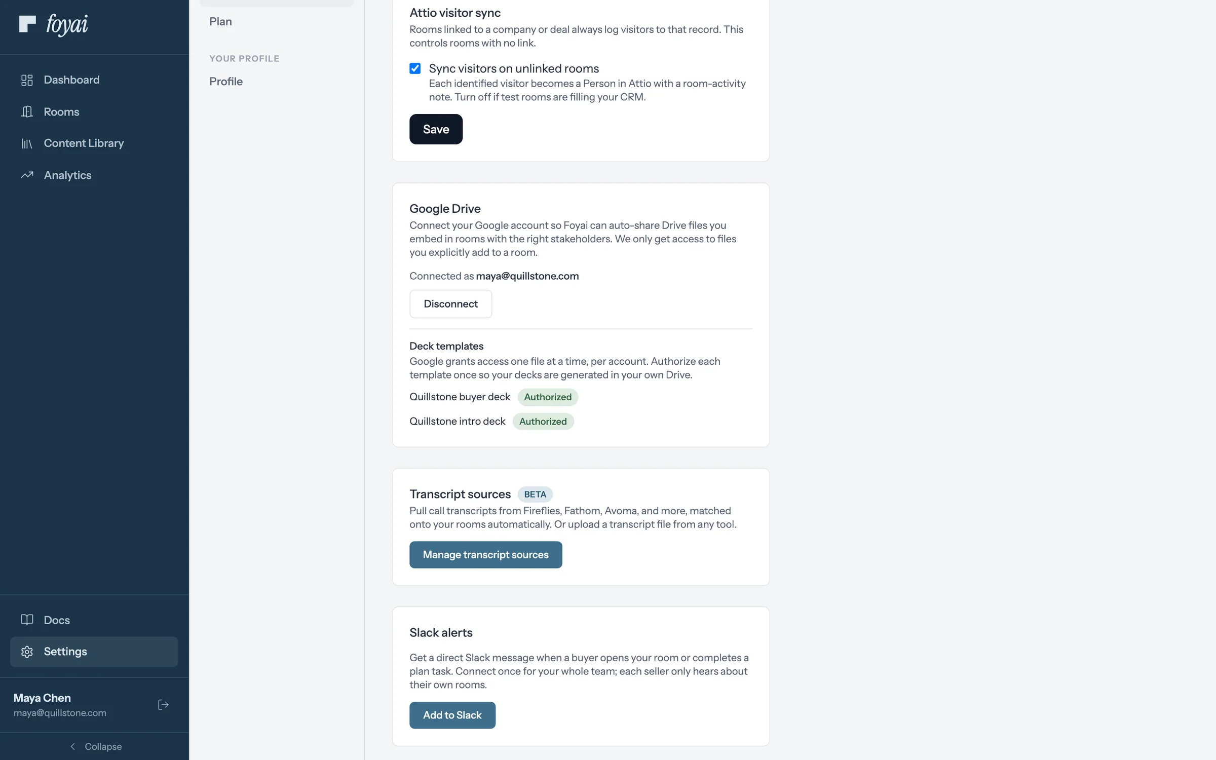 Settings, Integrations, with the Slack alerts card not connected and an Add to Slack button