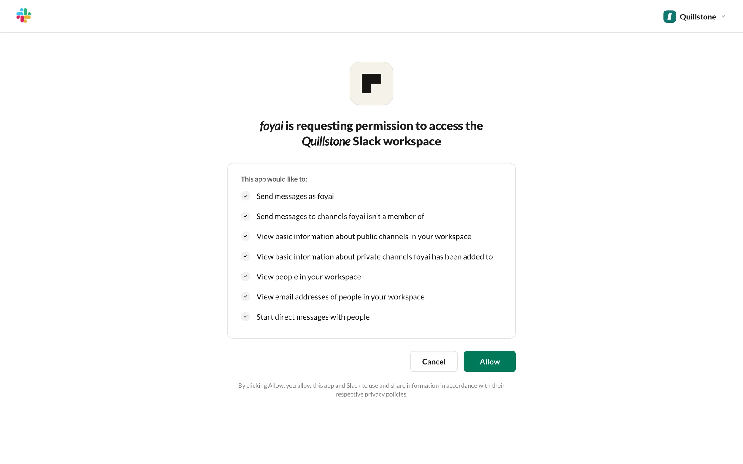 Slack's install screen: foyai is requesting permission to access the Quillstone Slack workspace, with an Allow button