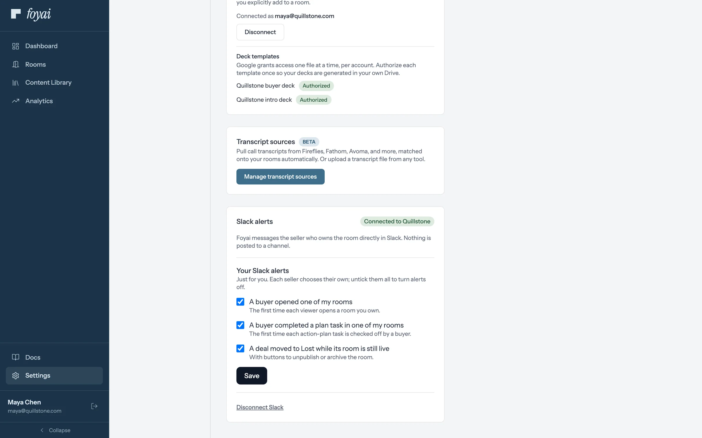 The Slack alerts card, connected to Quillstone, with three alert checkboxes ticked