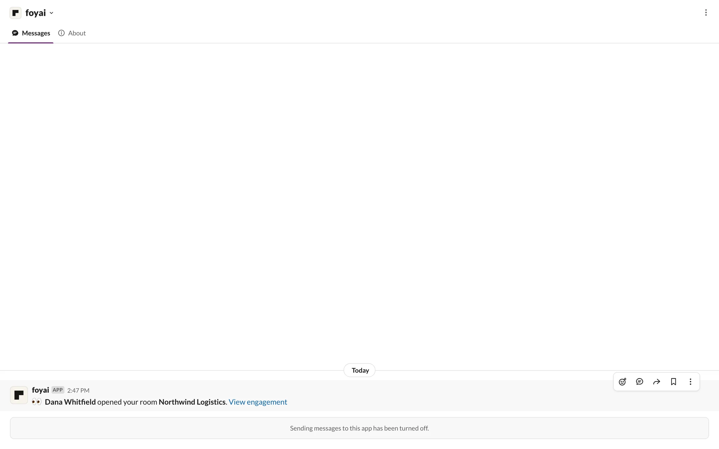 A Slack message from foyai: Dana Whitfield opened your room Northwind Logistics, with a view engagement link