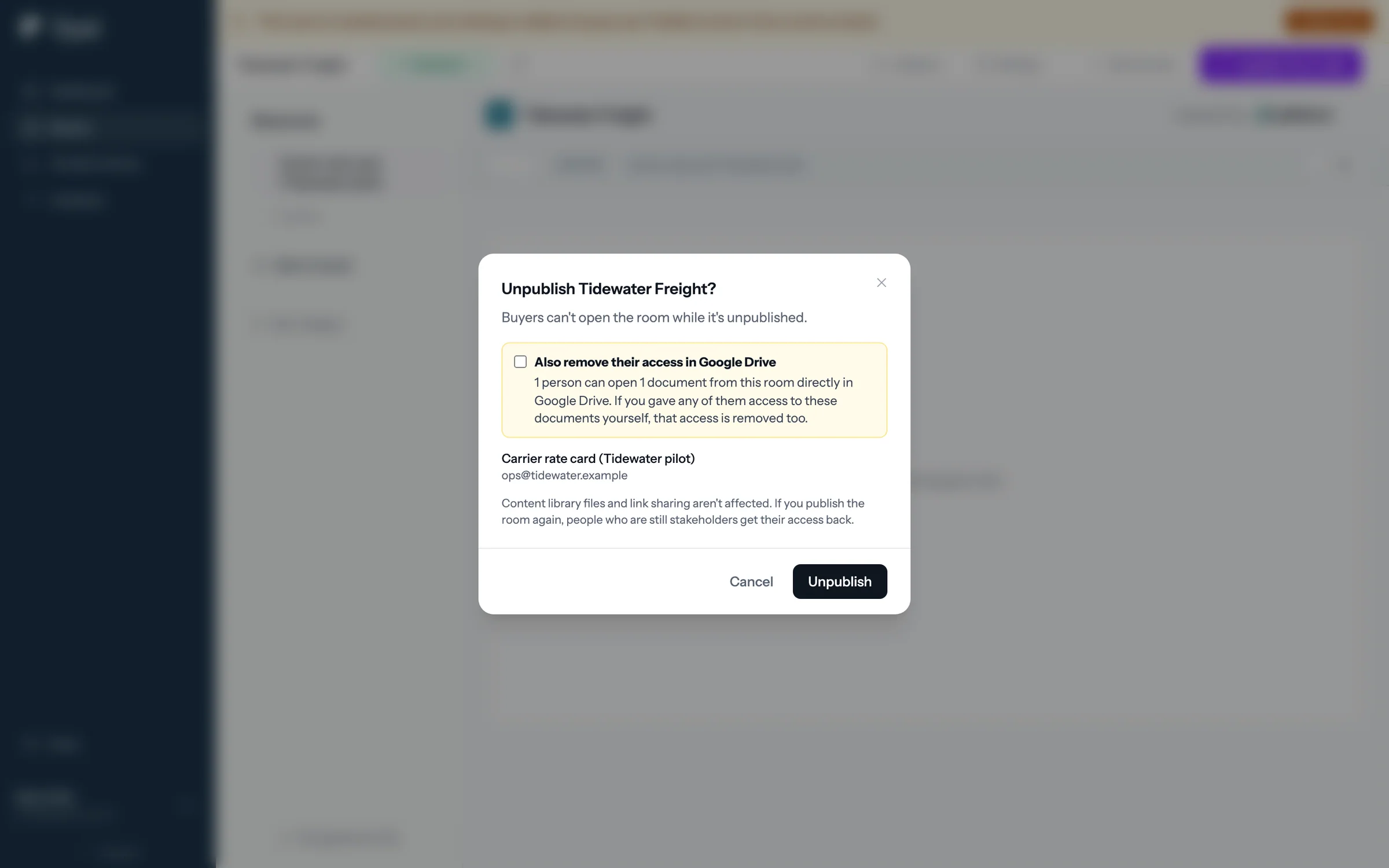 Unpublish Tidewater Freight?, with an option to also remove access in Google Drive