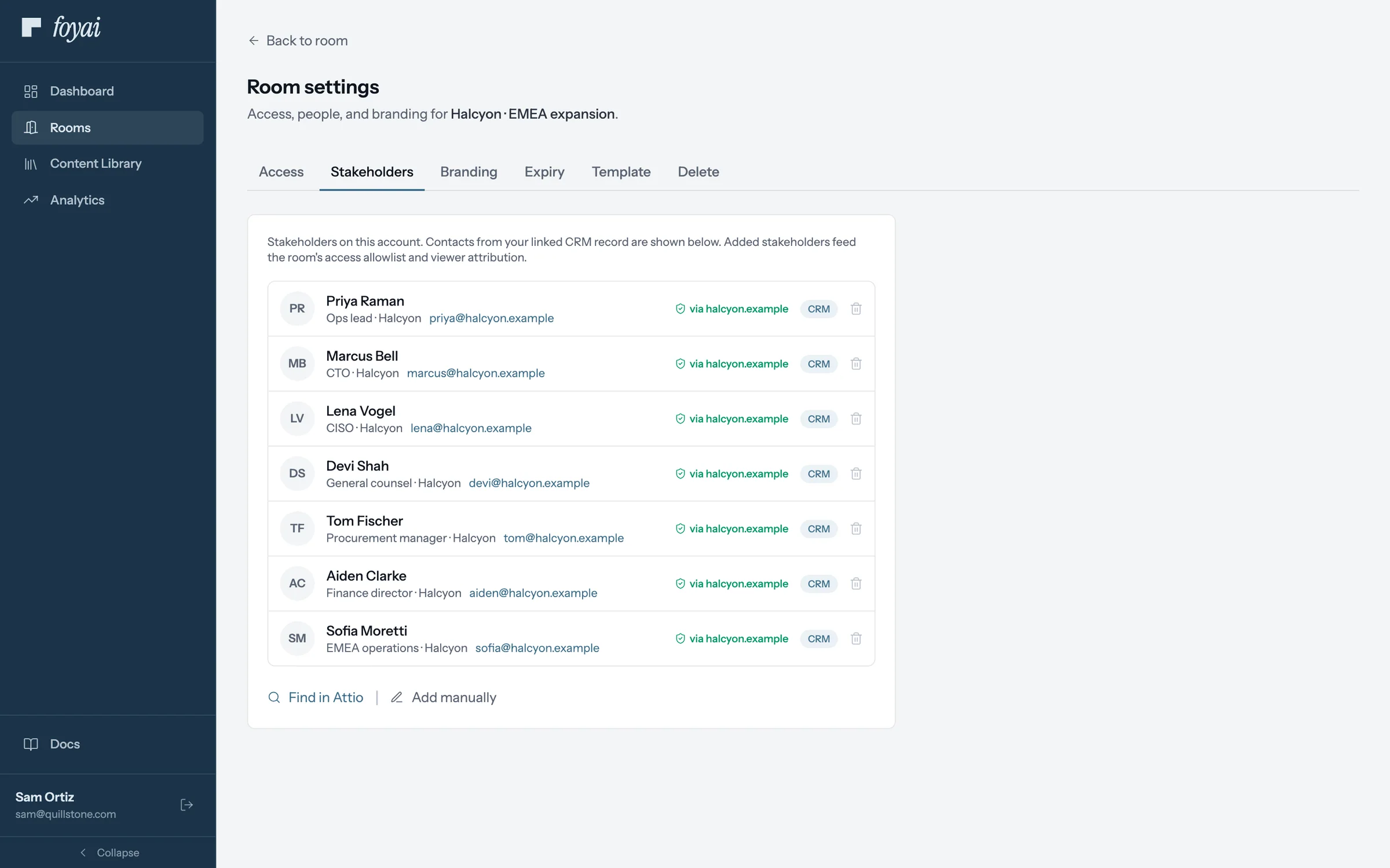 The Halcyon room's Settings page, Stakeholders tab, listing seven people with their titles and access status.