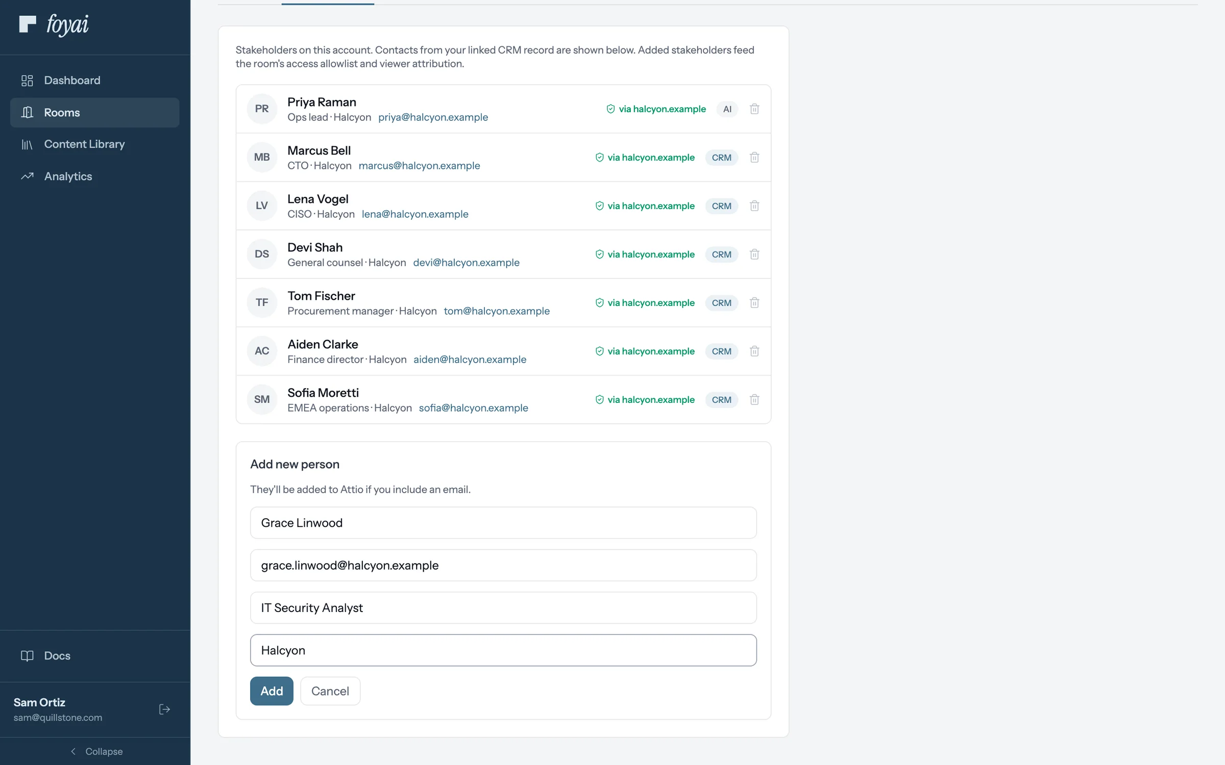 The Add new person form on the Stakeholders tab, filled in for Grace Linwood, IT Security Analyst at Halcyon.