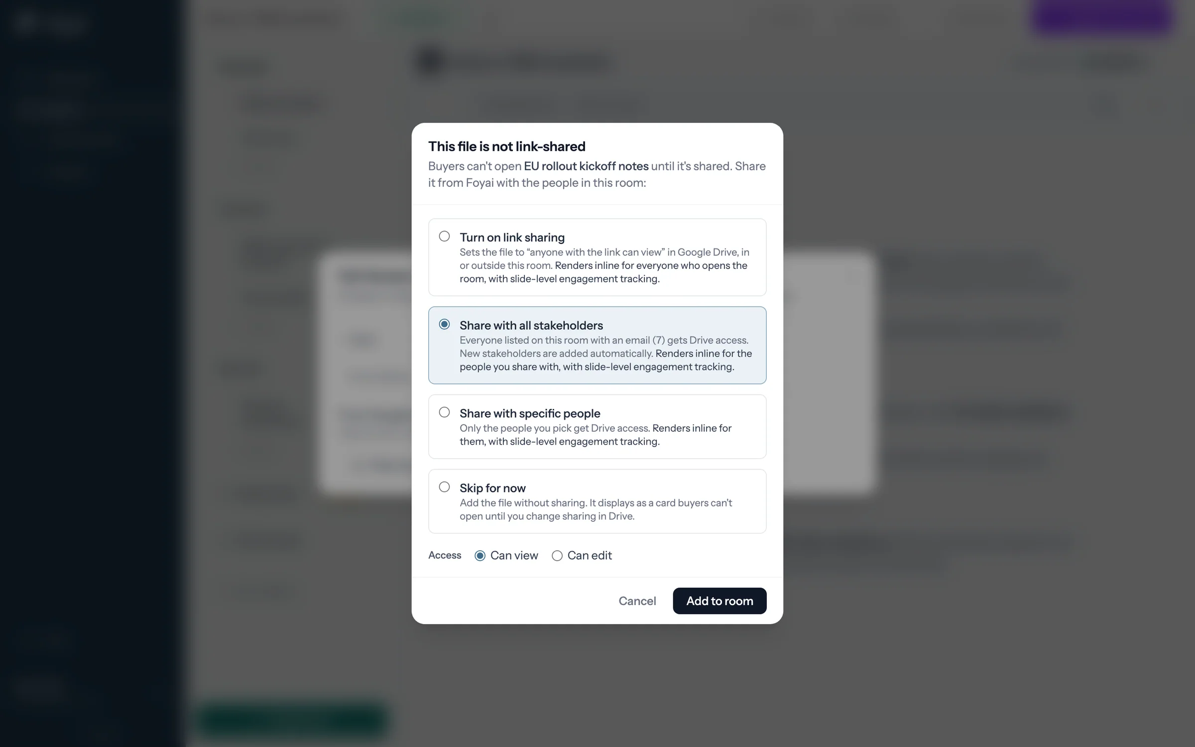 The share-choice dialog for a Drive file not yet link-shared, with Share with all stakeholders selected over Share with specific people.
