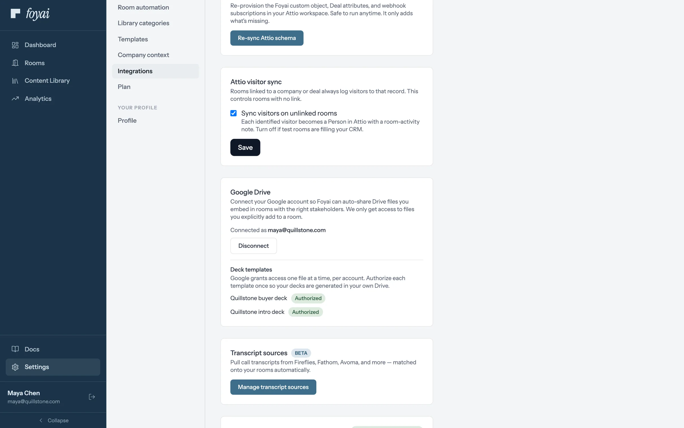 foyai integration settings with the Manage transcript sources button