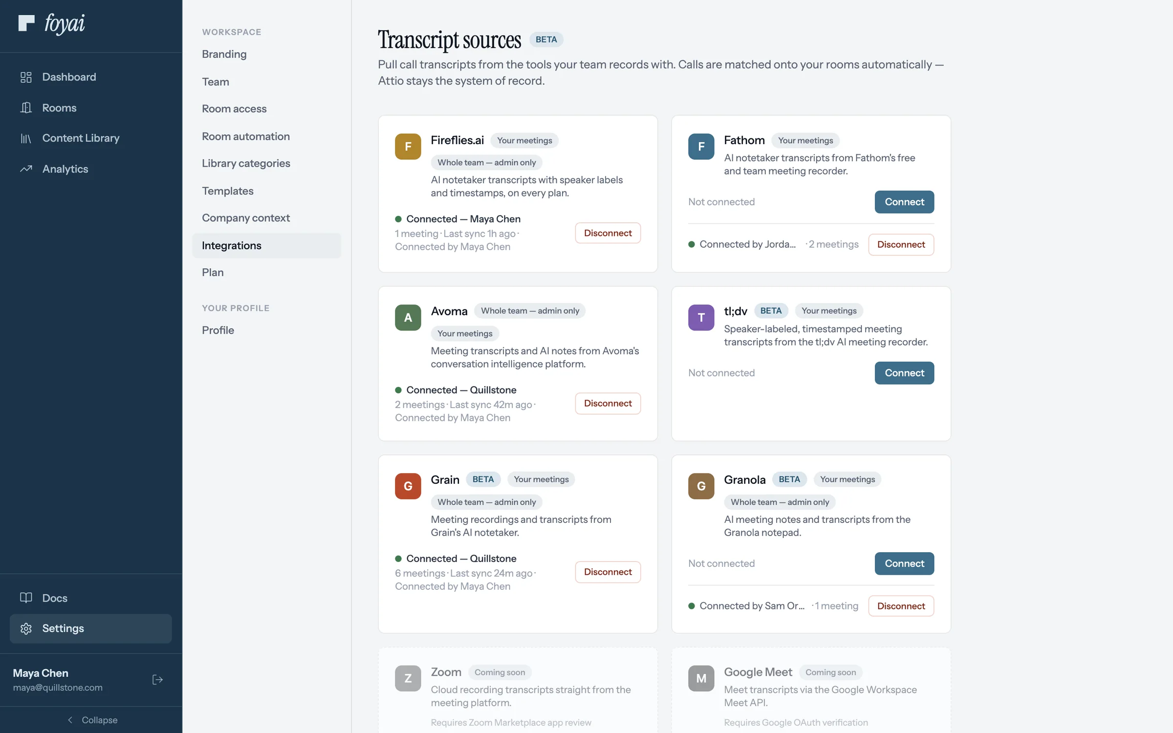 Transcript sources page with tl;dv not connected