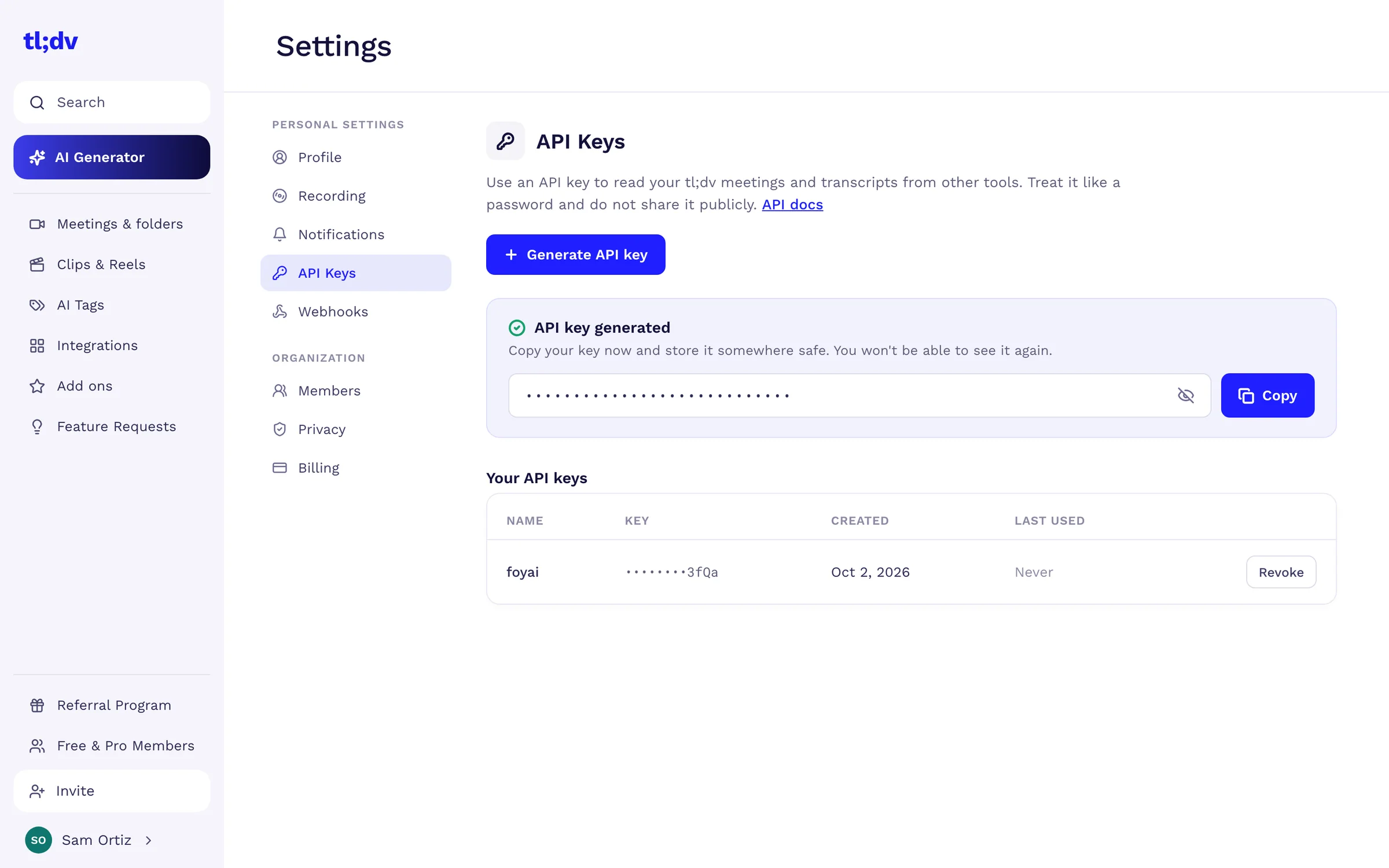 tl;dv API key settings with a key, masked, and its copy button