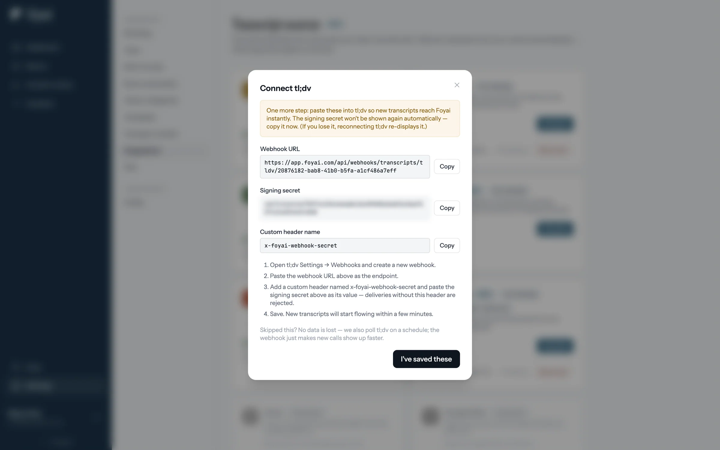 The webhook step: webhook URL, signing secret, and header name with copy buttons