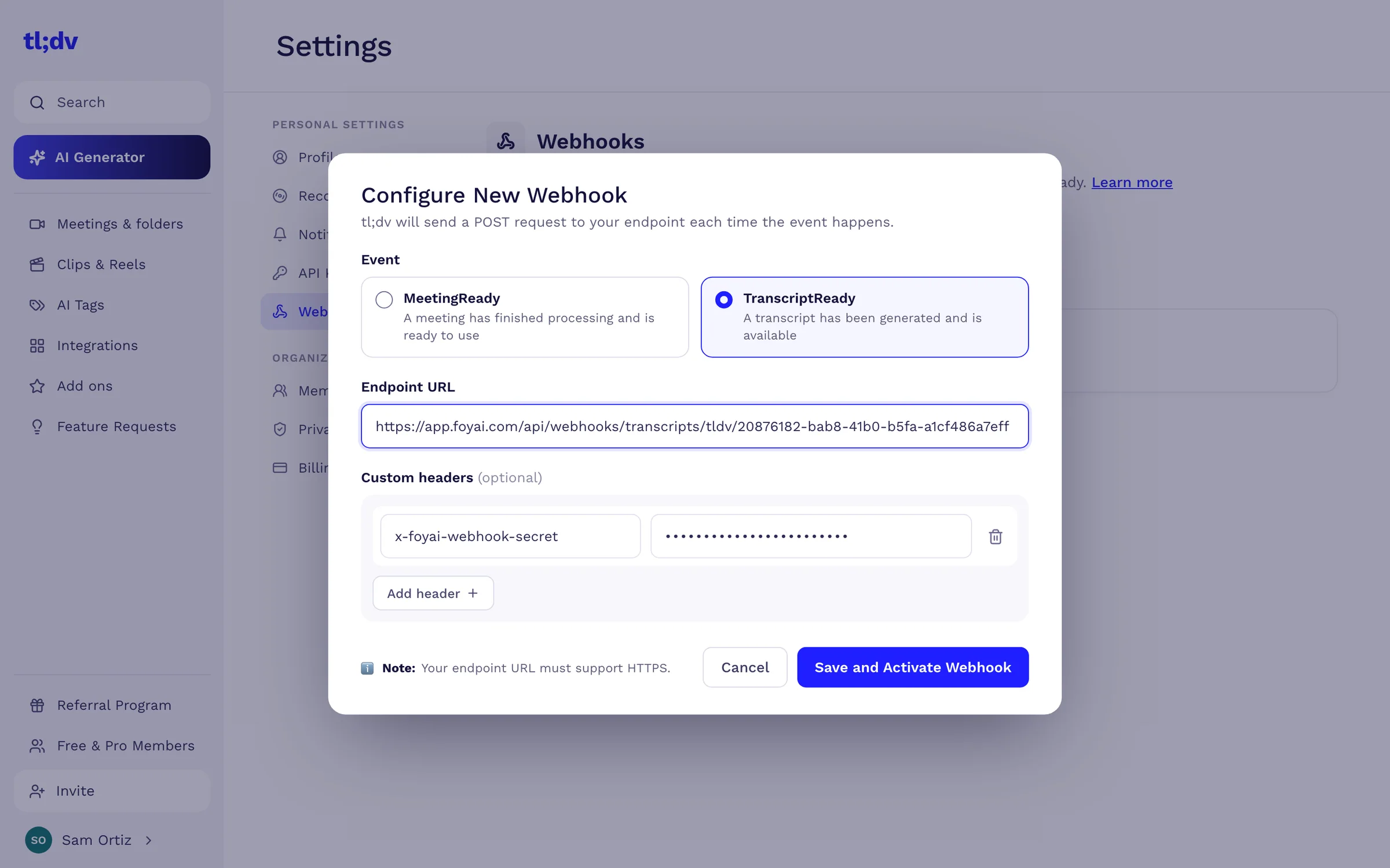 tl;dv webhook settings with the foyai webhook URL pasted in