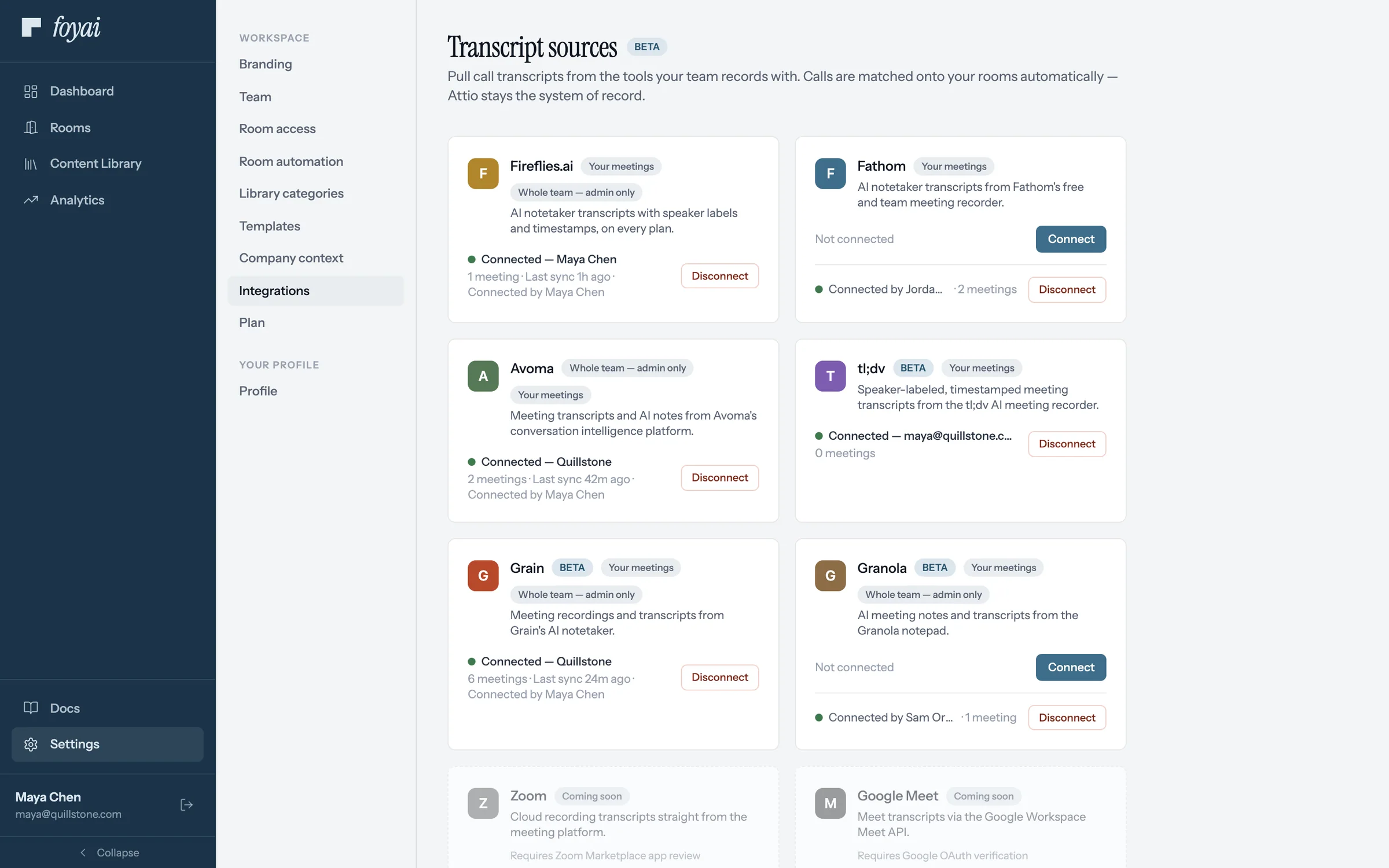 Transcript sources with the tl;dv card connected