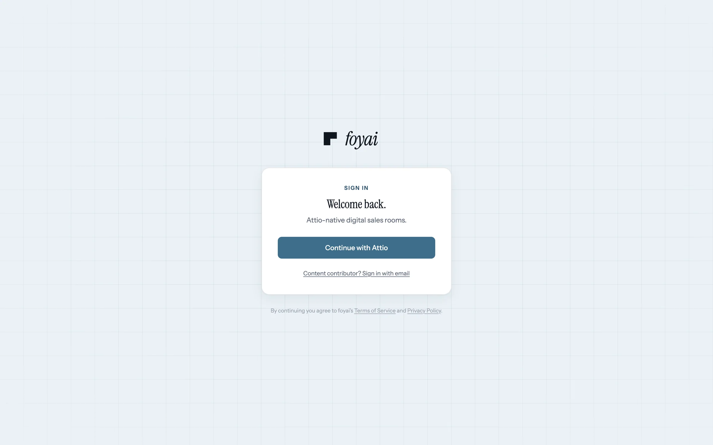 The foyai sign-in page with a Continue with Attio button