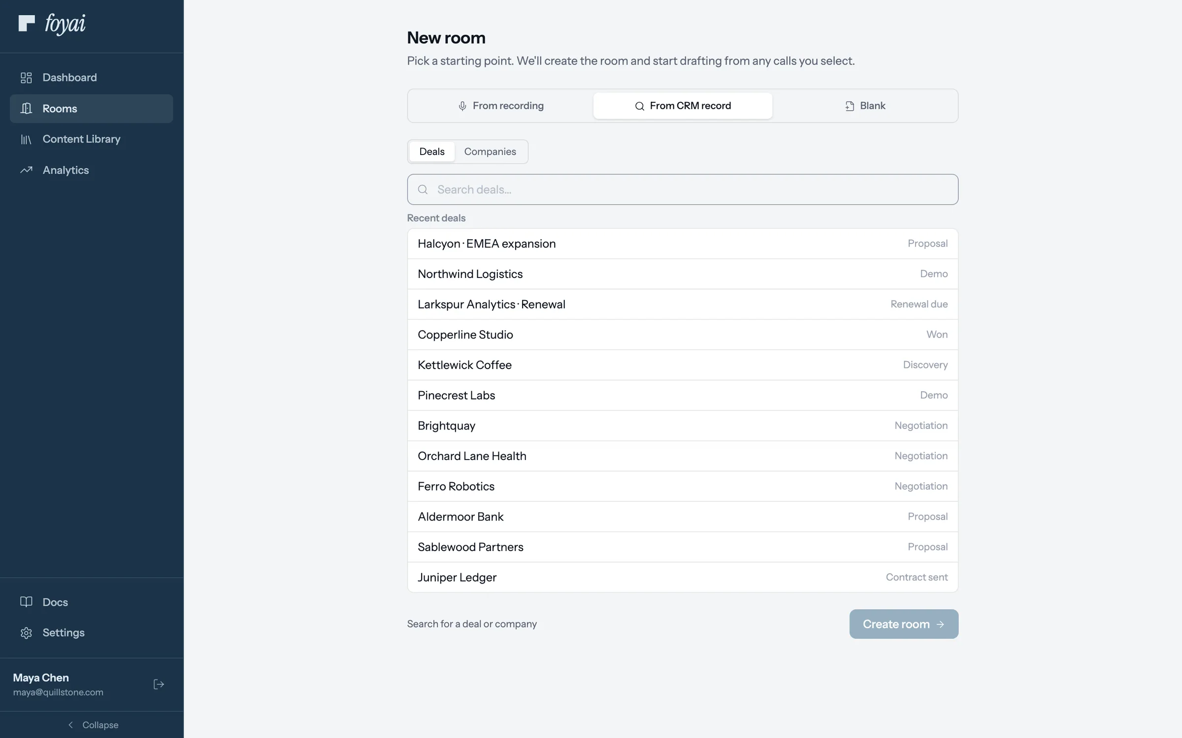 New room, From CRM record, with a list of recent Attio deals