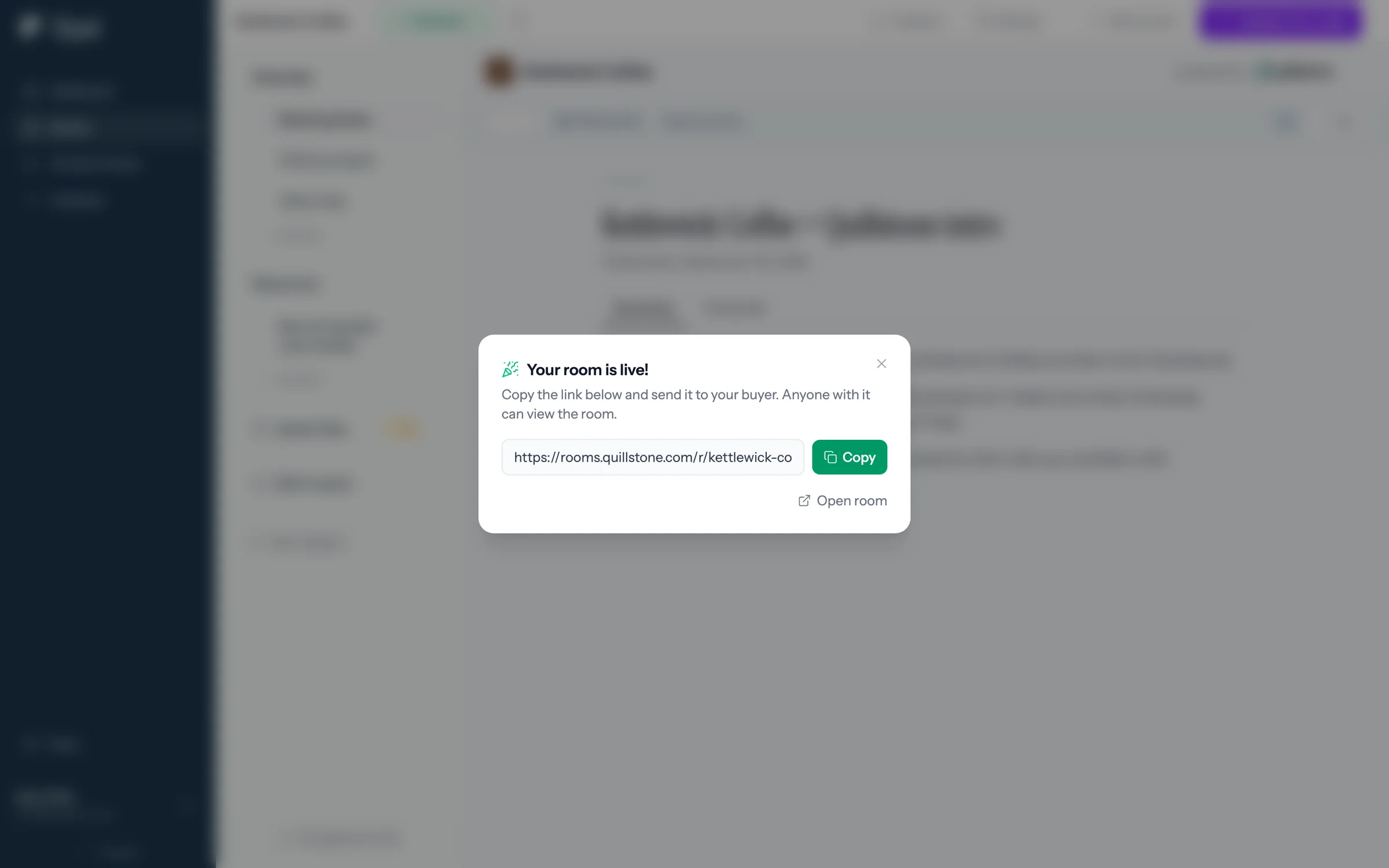 Your room is live, with the room link and a Copy button
