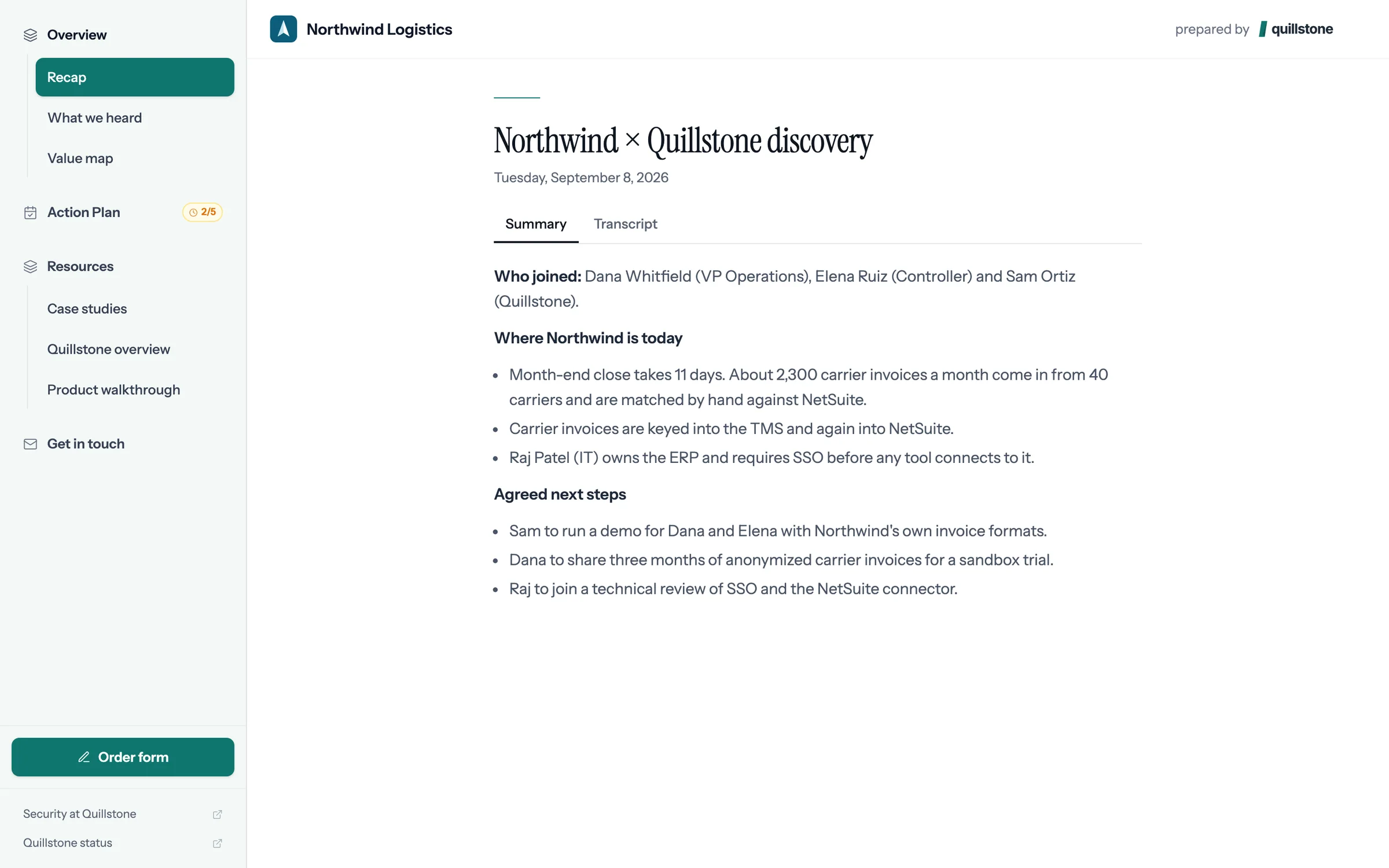 The Northwind Logistics room, opened on the discovery call recap