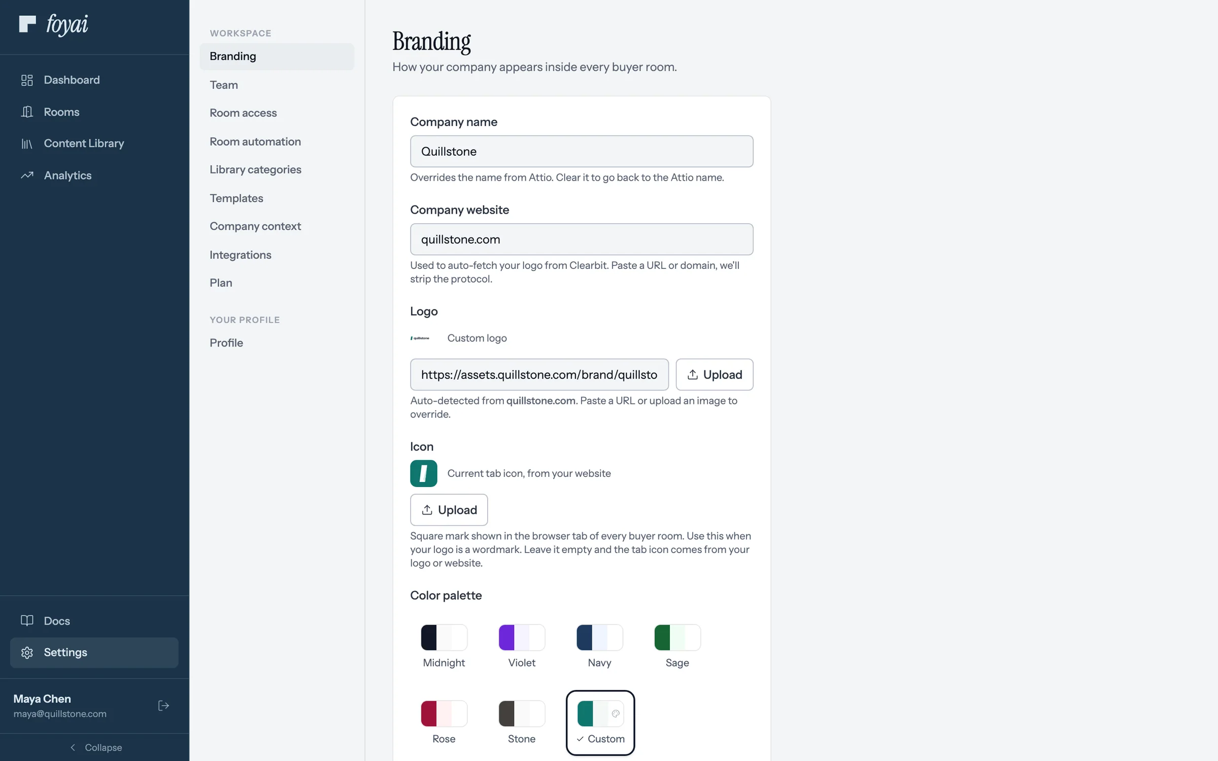 Settings, Branding: the Company name field, filled with Quillstone, and the Logo preview below it.