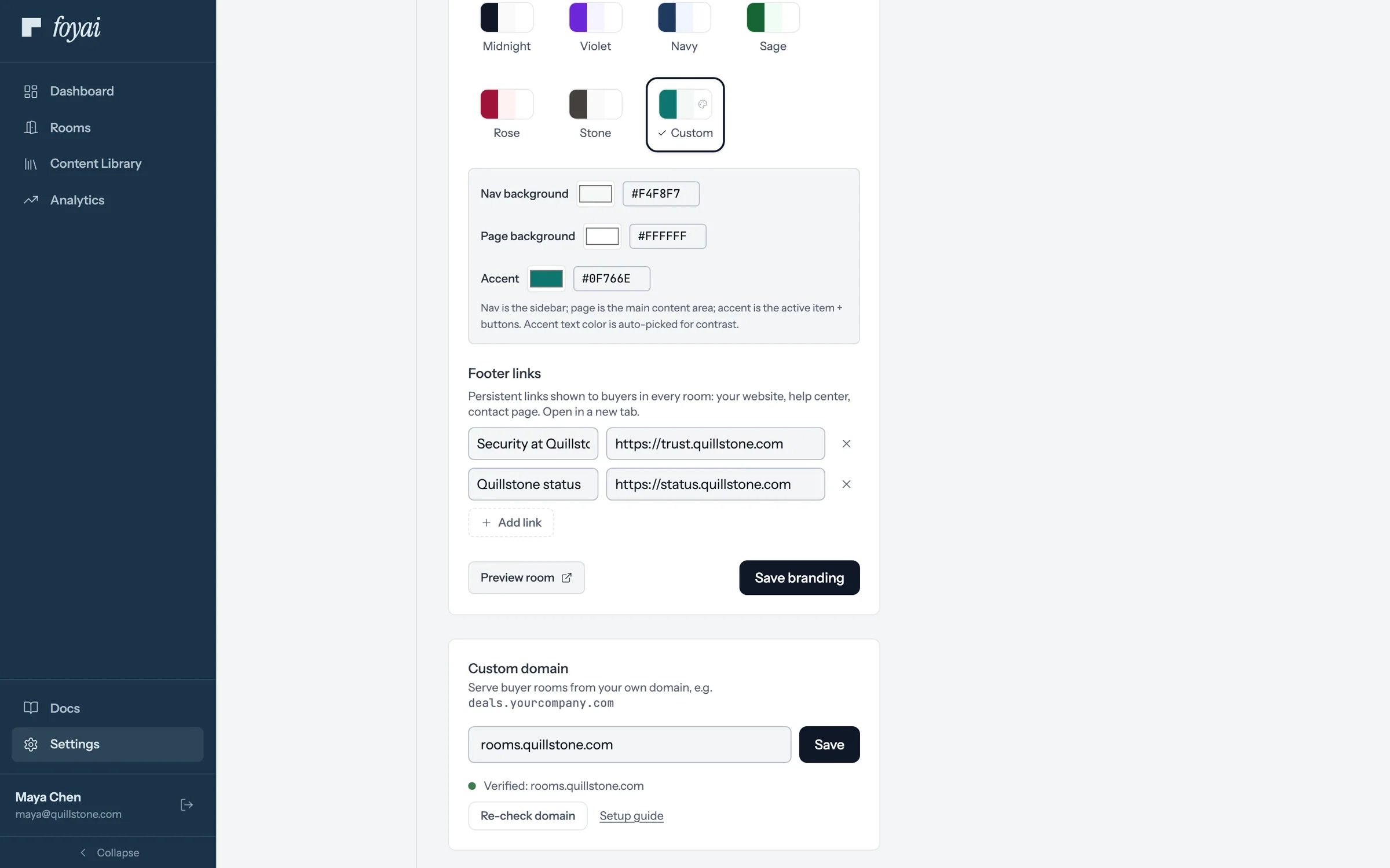 Settings, Branding: the color palette row, with Custom selected and its three color controls open.