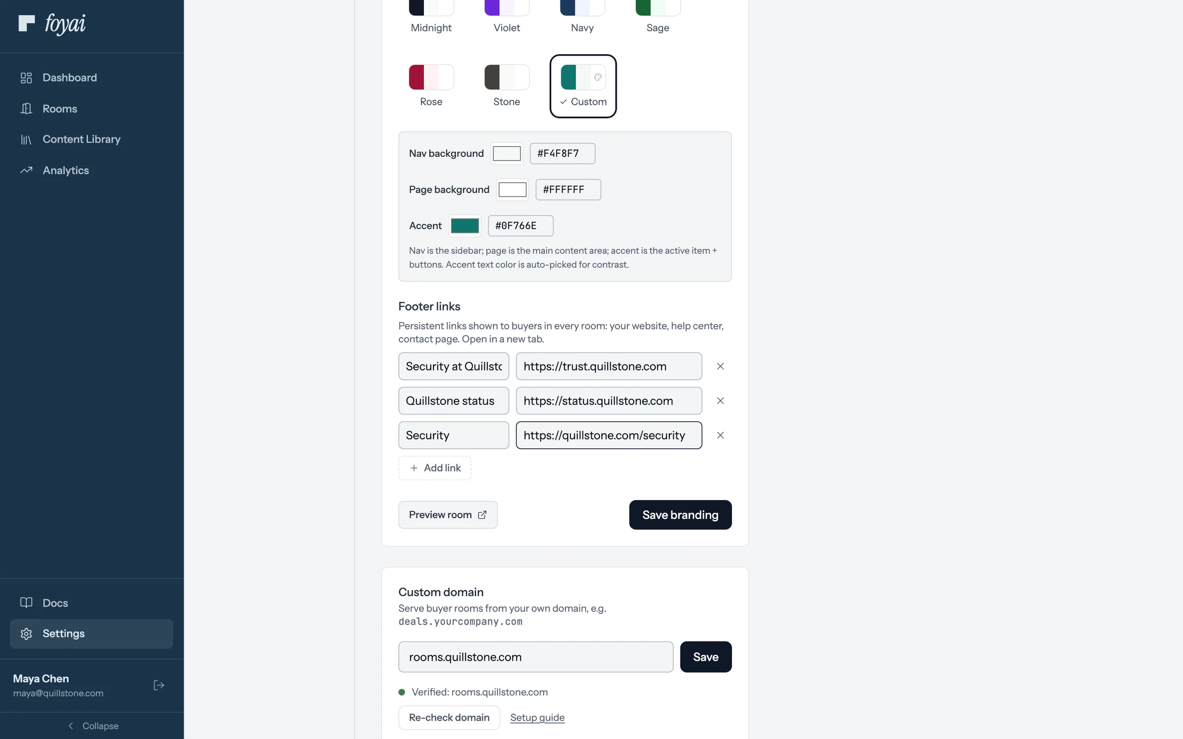 Settings, Branding, Footer links: three rows, the new Security link just typed in, above the Add link button.